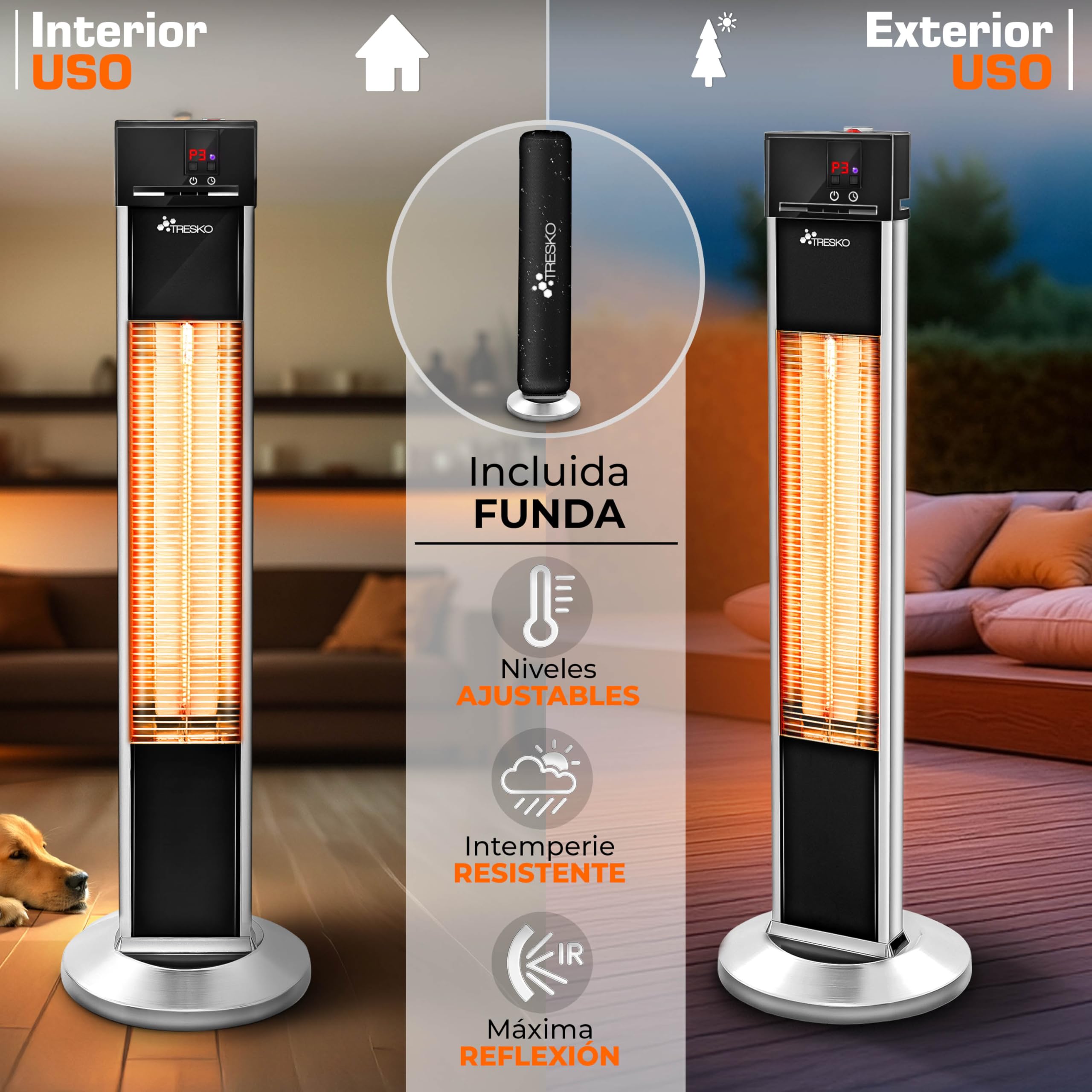 TRESKO Calefactor por Infrarrojos para Terraza | 2000W + Control Remoto | Estufa Radiante con 3 Temperaturas | Radiador Eléctrico para Exterior e Interior | Calentador con Pantalla LED