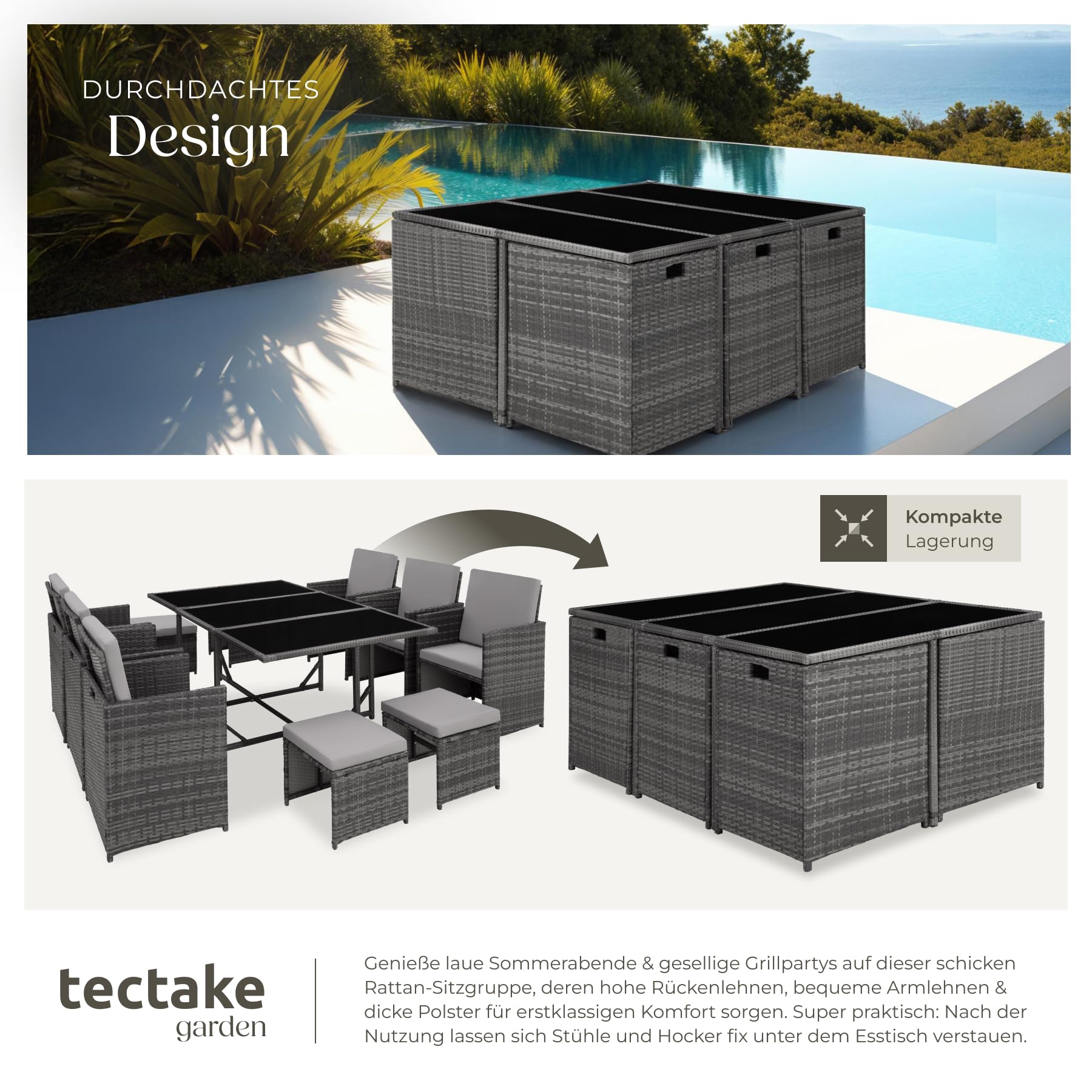 tectake® Outdoor Balkon Gartenmöbel Set, Lounge mit 6 Stühlen, 4 Hocker und 1 Tisch, Poly Rattan Geflecht, wetterfest, platzsparend - grau