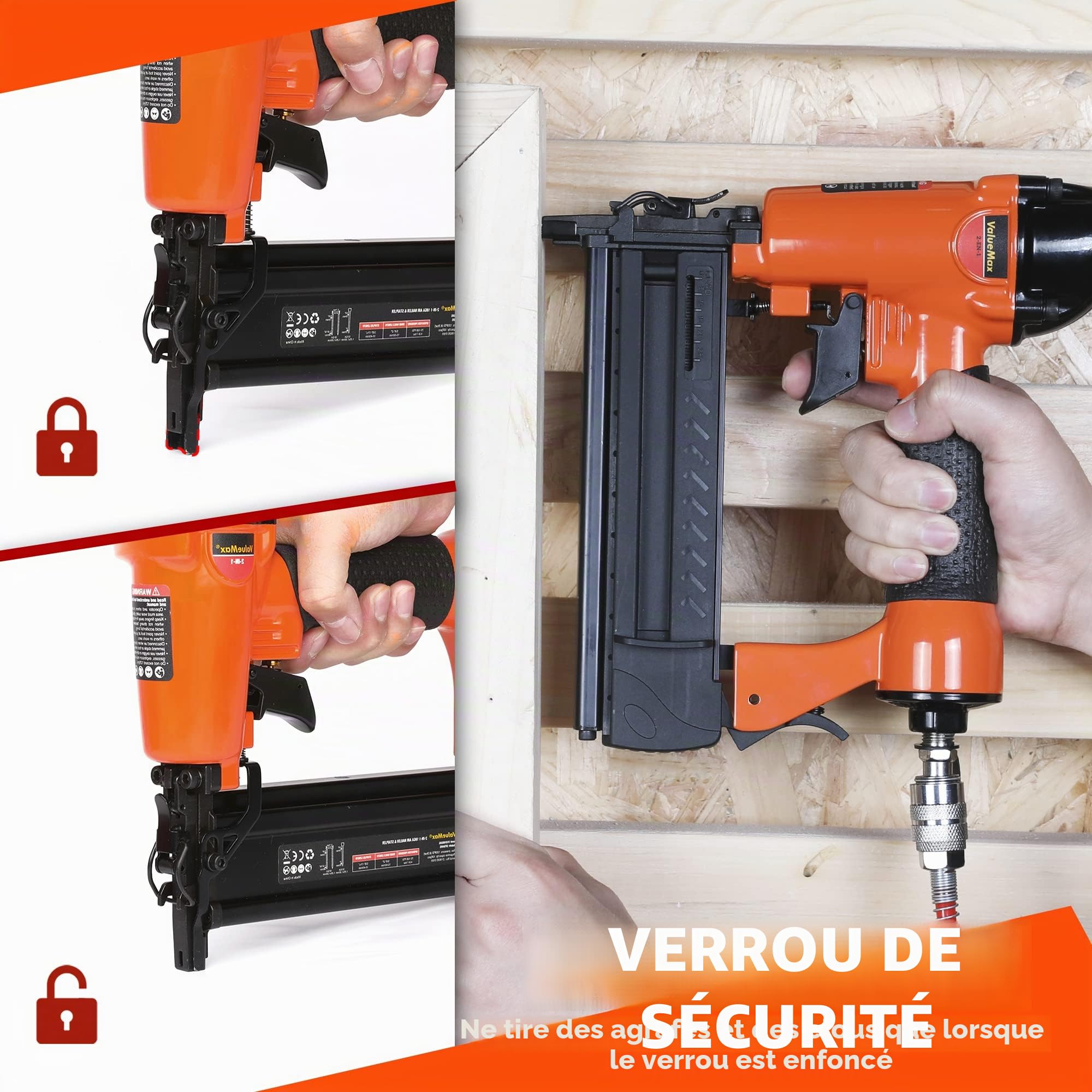 ValueMax Agrafeuse Pneumatique Multifonctionnelle 2 en 1 avec Boîte de Rangement Cloueuse 18GA avec 200 Agrafes et 200 Clous, Idéal pour Bricolage, Décoration, Murale, Tapisserie, Bois