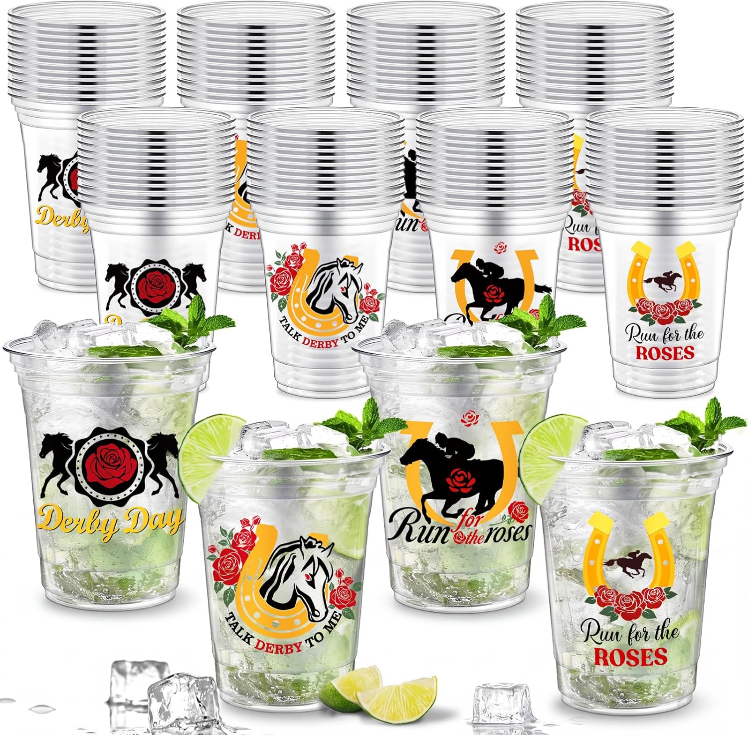 Rtteri 100 Pcs Derby Disposable Plastic Cups Bulk 16 oz Large Horse Racing Party Disposable Clear Cups for Derby Day Horse Racing Party Decorations Supplies