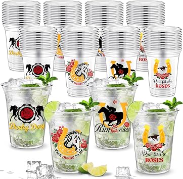 Rtteri 100 Pcs Derby Disposable Plastic Cups Bulk 16 oz Large Horse Racing Party Disposable Clear Cups for Derby Day Horse Racing Party Decorations Supplies