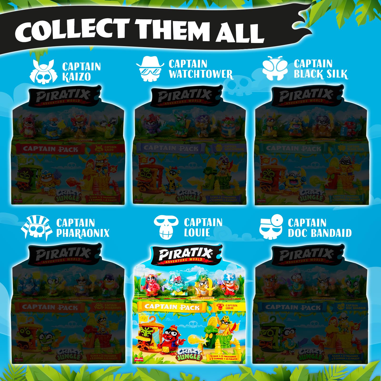 PIRATIX ADVENTURE WORLD Crazy Jungle Series, Captain Pack Louie: 4 Piratix, 1 golden Captain, 4 neon accessories, 1 Cage - Image 4