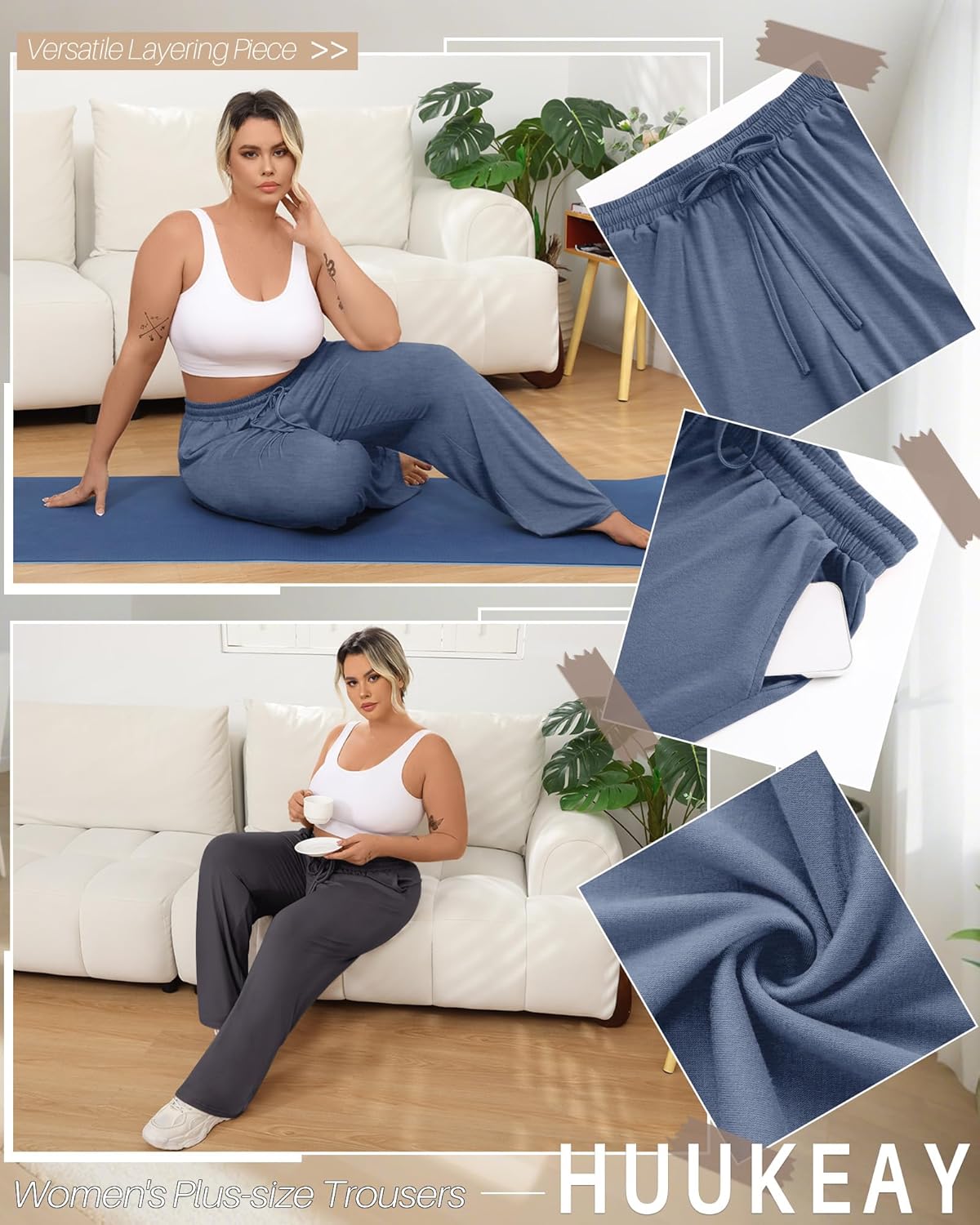 Huukeay 3 Pack Women's Plus Size Wide Leg Lounge Pants, Drawstring Baggy Yoga Pants Casual Loose Sweatpants