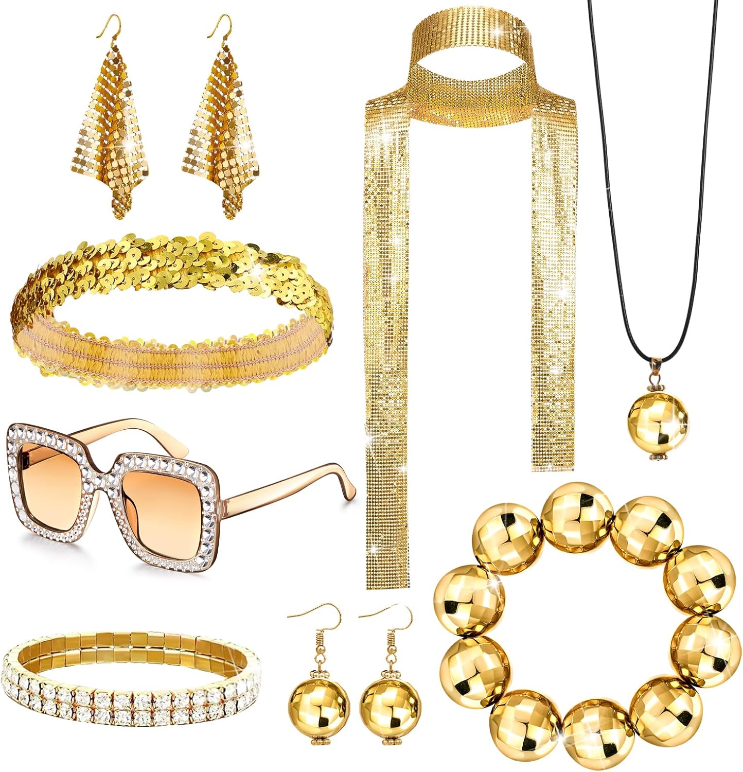 GIFIKOI 10 Pcs 70s Disco Accessories for Women Sequin Scarf Headband Shiny Tennis Bracelet Ball Necklace Earring Sun Glasses Disco Costume Set