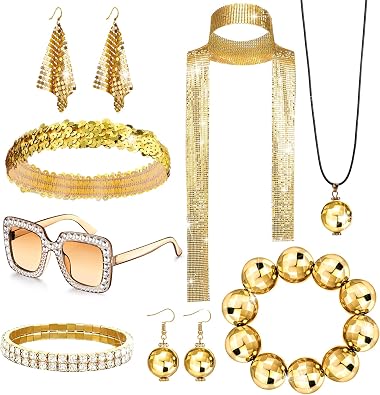 GIFIKOI 10 Pcs 70s Disco Accessories for Women Sequin Scarf Headband Shiny Tennis Bracelet Ball Necklace Earring Sun Glasses Disco Costume Set