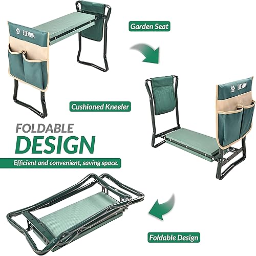 Miniatura 3 de Arrodillador portátil y asiento de jardín resistente con 2 bolsas grandes para herramientas que evitan el dolor de rodilla y espalda, plegable,