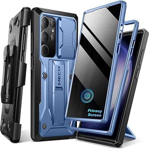 TONGATE for Samsung Galaxy S23 Ultra Case, [Built-in Slide Camera Cover & Screen Protector] [2 Front Frame]Military Grade Shockproof S23 Ultra Phone Case with Kickstand & Belt-Clip 6.8", Privacy Blue