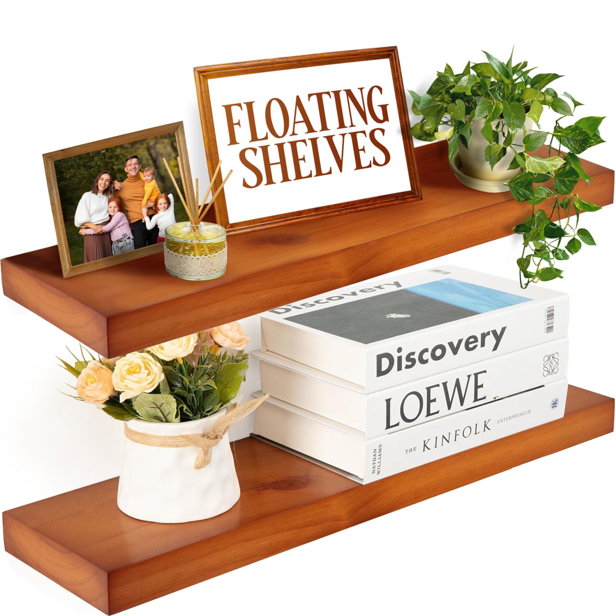 Imperative Décor Floating Shelves for Wall - Wood Floating Shelves, Floating Wood Shelves for Wall, Handmade Natural Wood Floating Shelf - Light Walnut 15 inch Floating Shelves Set of 2 - (15" x 6.5")