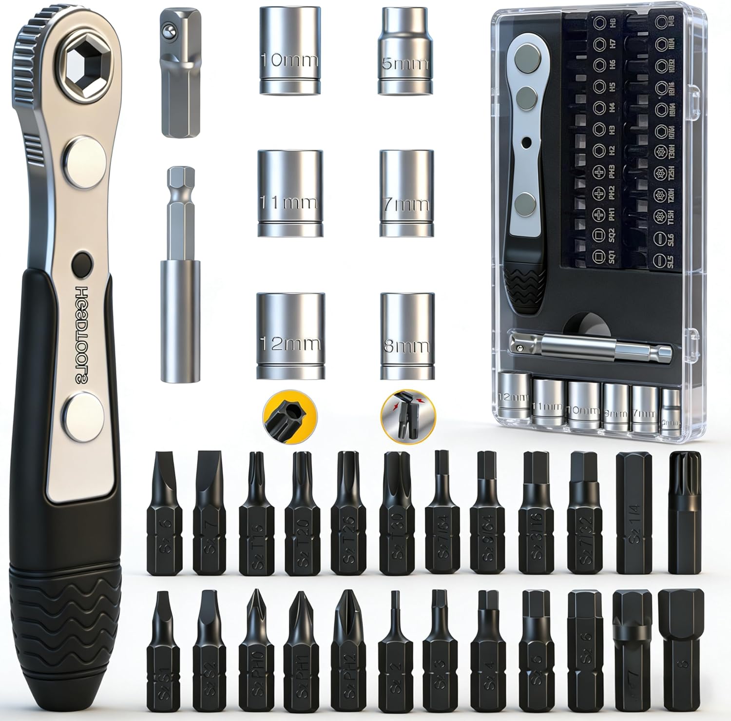 33in1 Right Angle Screwdriver Set 1/4 Mini Ratchet Wrench S2 Magnetic 1/4 Bits 90 Degree Offset Screwdriver Metric/SAE Allen Bits Dedicated to Small Spaces Home&Outdoor Portable Tools