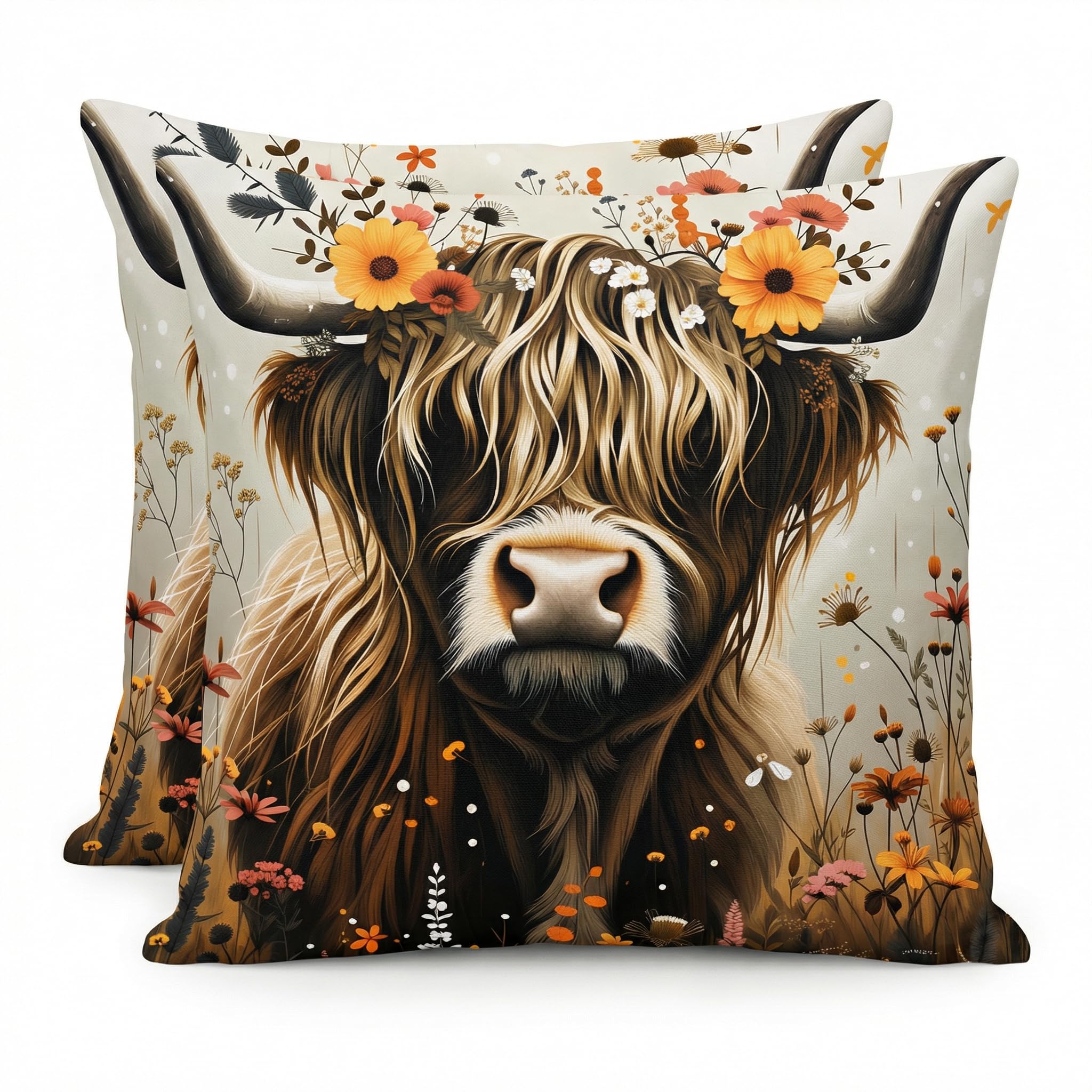 PVOODIRE 2 Pack Highland Cow Cushion Covers 45x45c-Linen Sofa Pillow Covers No Insert Living Room — image 1