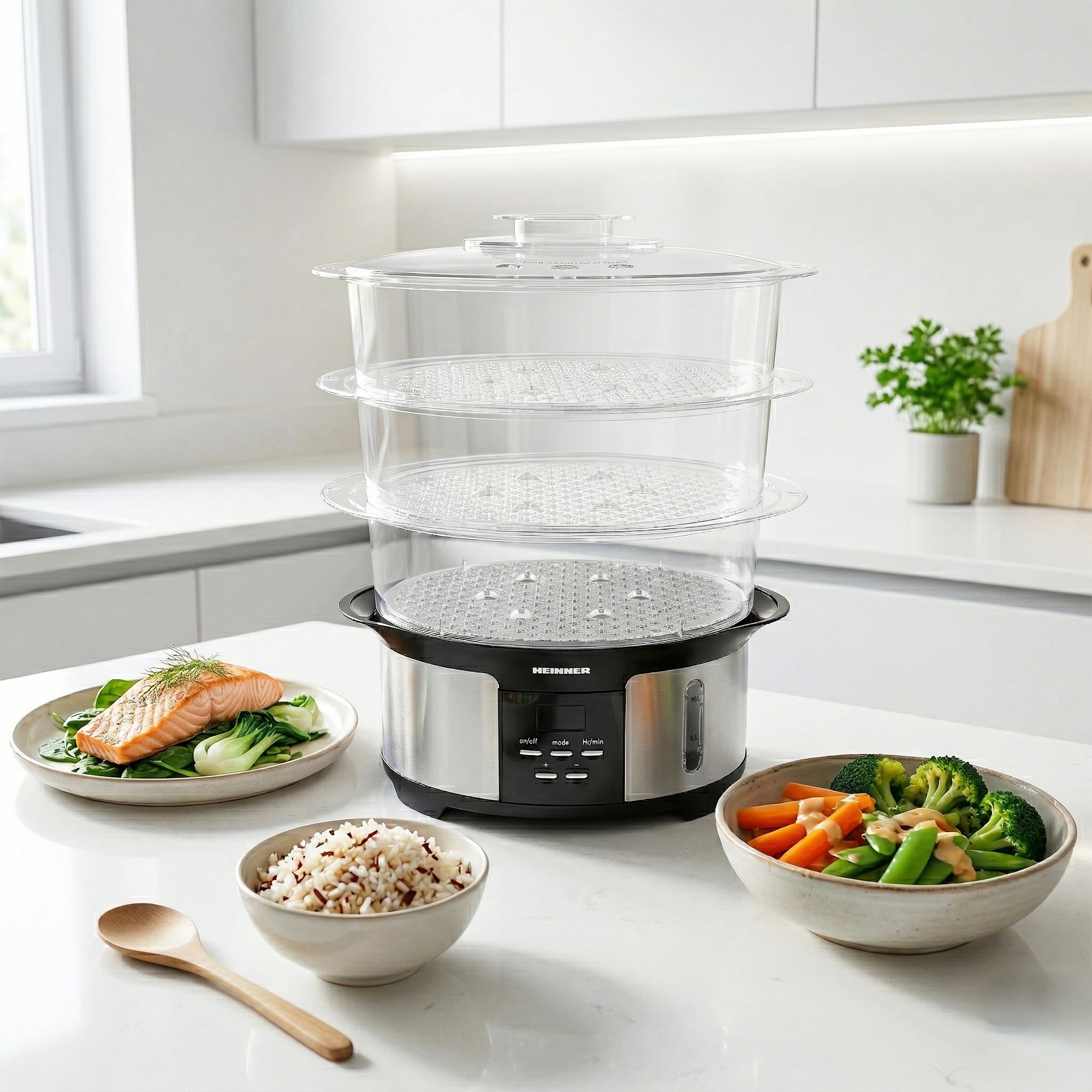 ONE STEAM Dampfgarer 12 L – 3 Etagen, 5 Garprogramme & Startvorwahl bis 12 Std für komplette Mahlzeiten auf Knopfdruck (1000 W, Edelstahl-Gehäuse)
