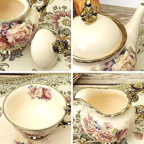 Miniatura 3 de fanquare Juego de té de porcelana británica de 15 piezas, juego de café floral vintage de China, servicio de té de boda para adultos, taza de té