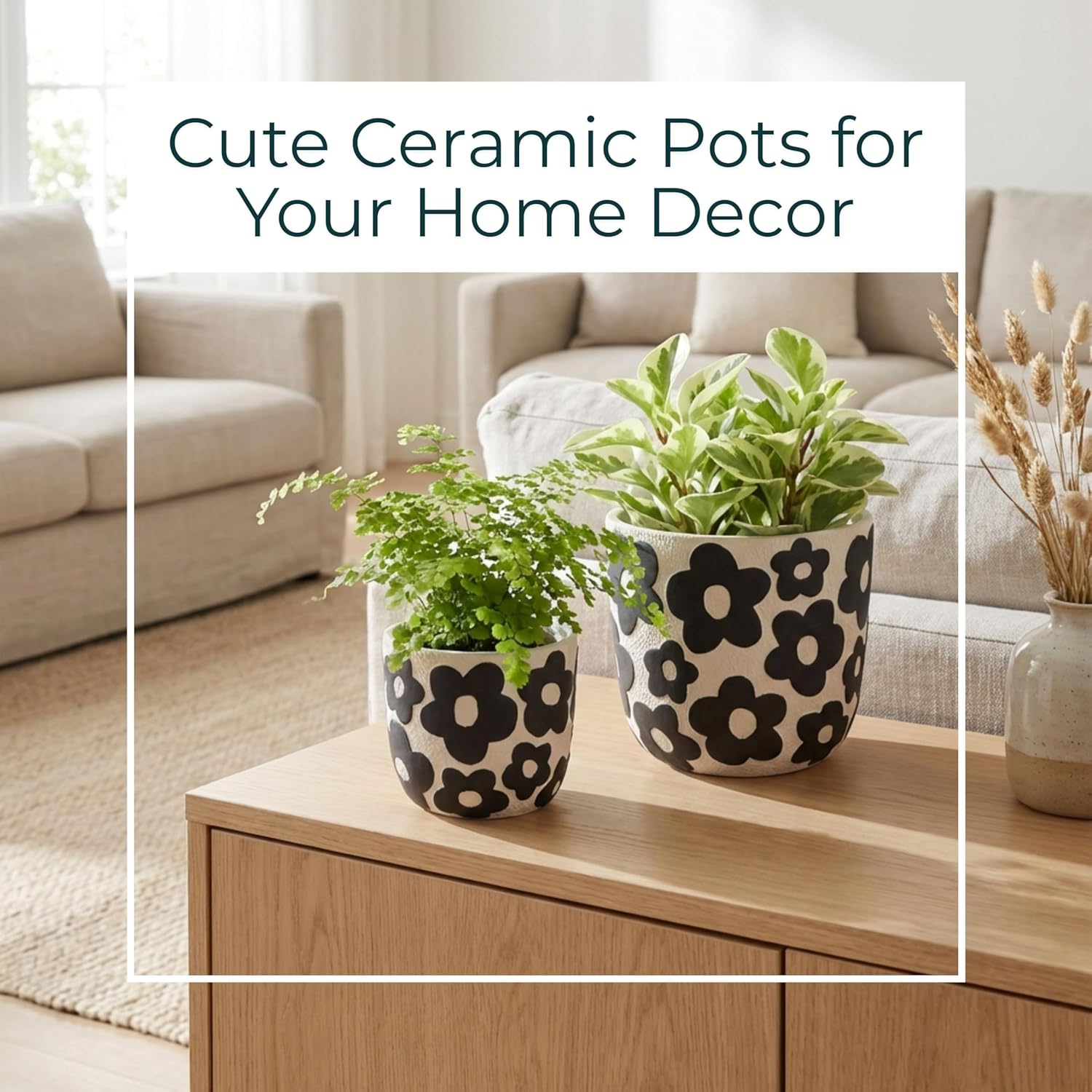 Set of 2 Pottery Cement Planters – Versatile Plant Holders for Greenery and Styling, Flower Pots for Living Room, or Patio – Bold Floral Pattern, Modern Graphic Look, Home Decor – 6" & 8", Black