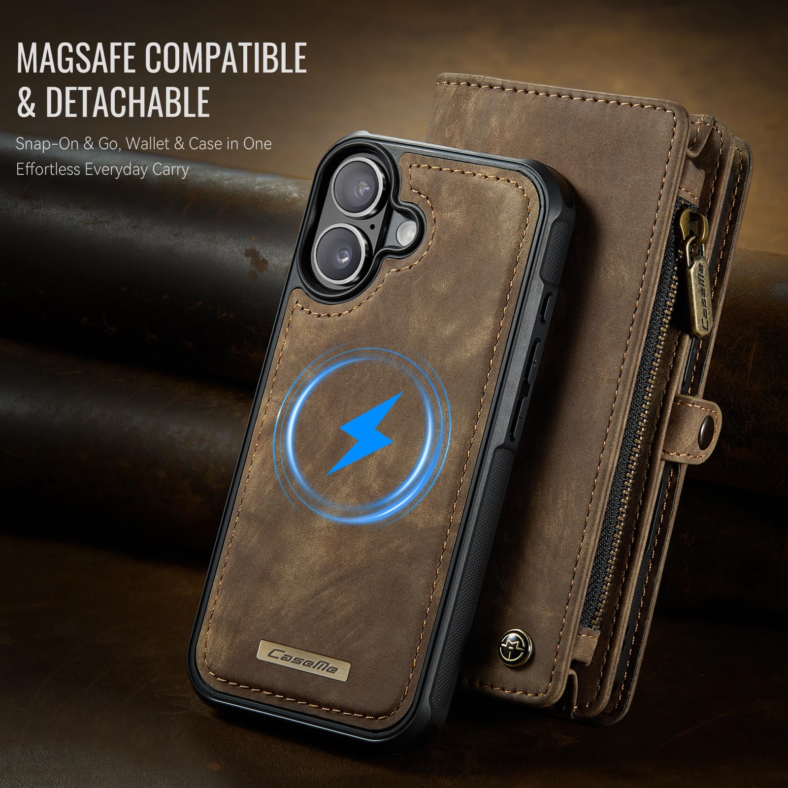 Etui portfelowe na iPhone'a 17 z 8 przegródkami na karty, magnetyczne zamknięcie, kieszeń na zamek błyskawiczny, odpinane magnetyczne wzornictwo 2 w 1, wysokiej jakości skóra PU, z paskiem na