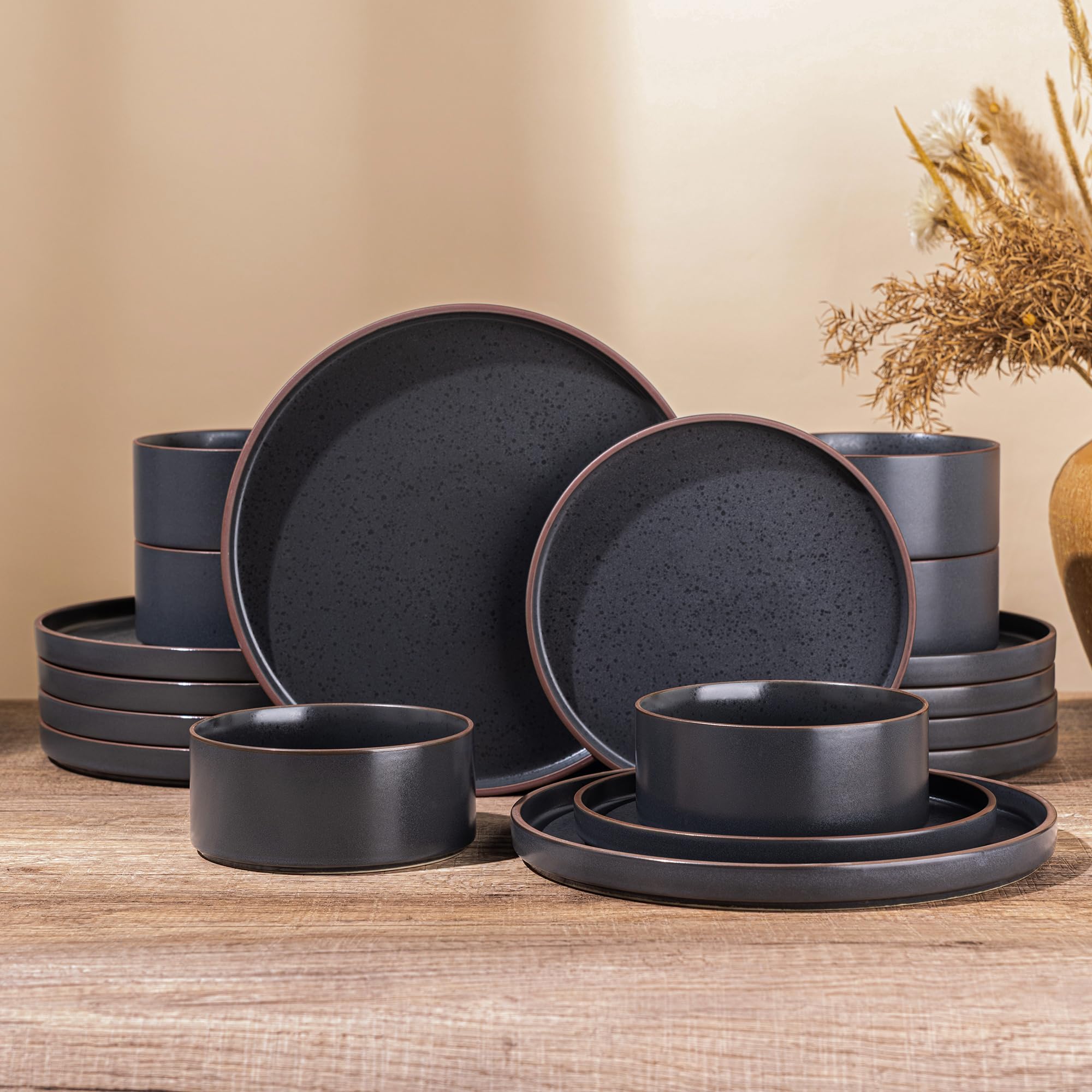 Ceramic Dinnerware Sets of 4, High Edge Stoneware Plates and Bowls Set, Chip and Crack Resistant | Oven & Dishwasher & Microwave Safe Dishes Set, Service for 4 -Ashen