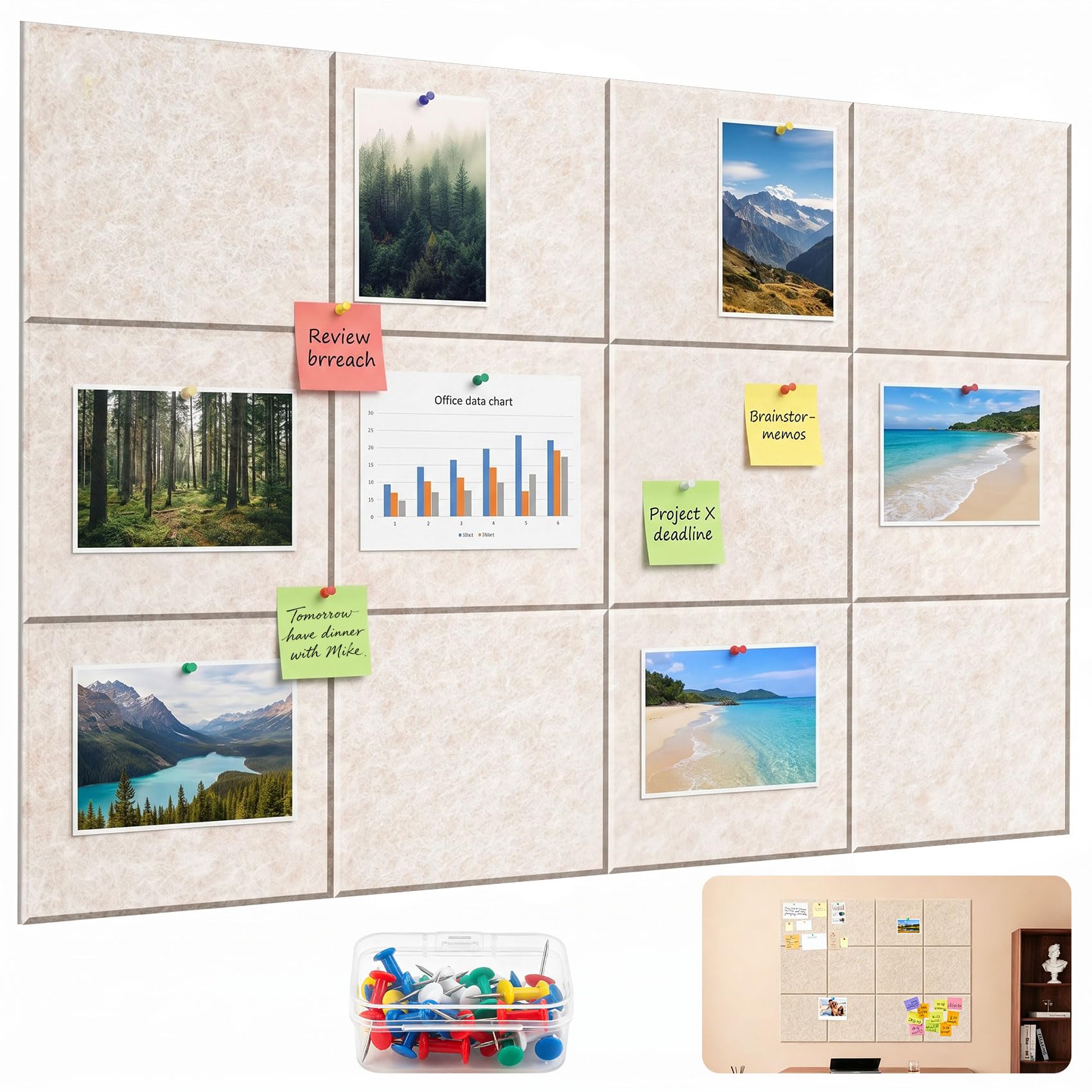 Self-Adhesive Felt Bulletin Board Tiles 12 Pack, 30x30cm Square Pin Board Tiles, Beige Memo Board for Wall, Sound Absorbing Notice Board with Push 30 Pins for Home Office School Decor