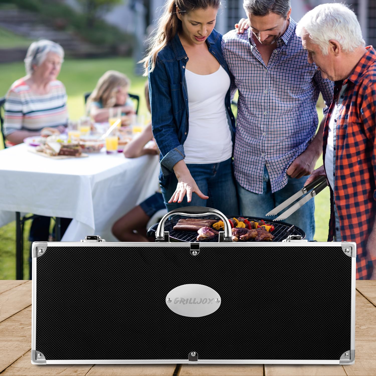 Grilljoy Set di accessori per barbecue, set di utensili da barbecue resistenti per uomini e donne, kit di utensili da griglia con guanto in slicone, accessori per grigliare con borsa per affumicare,
