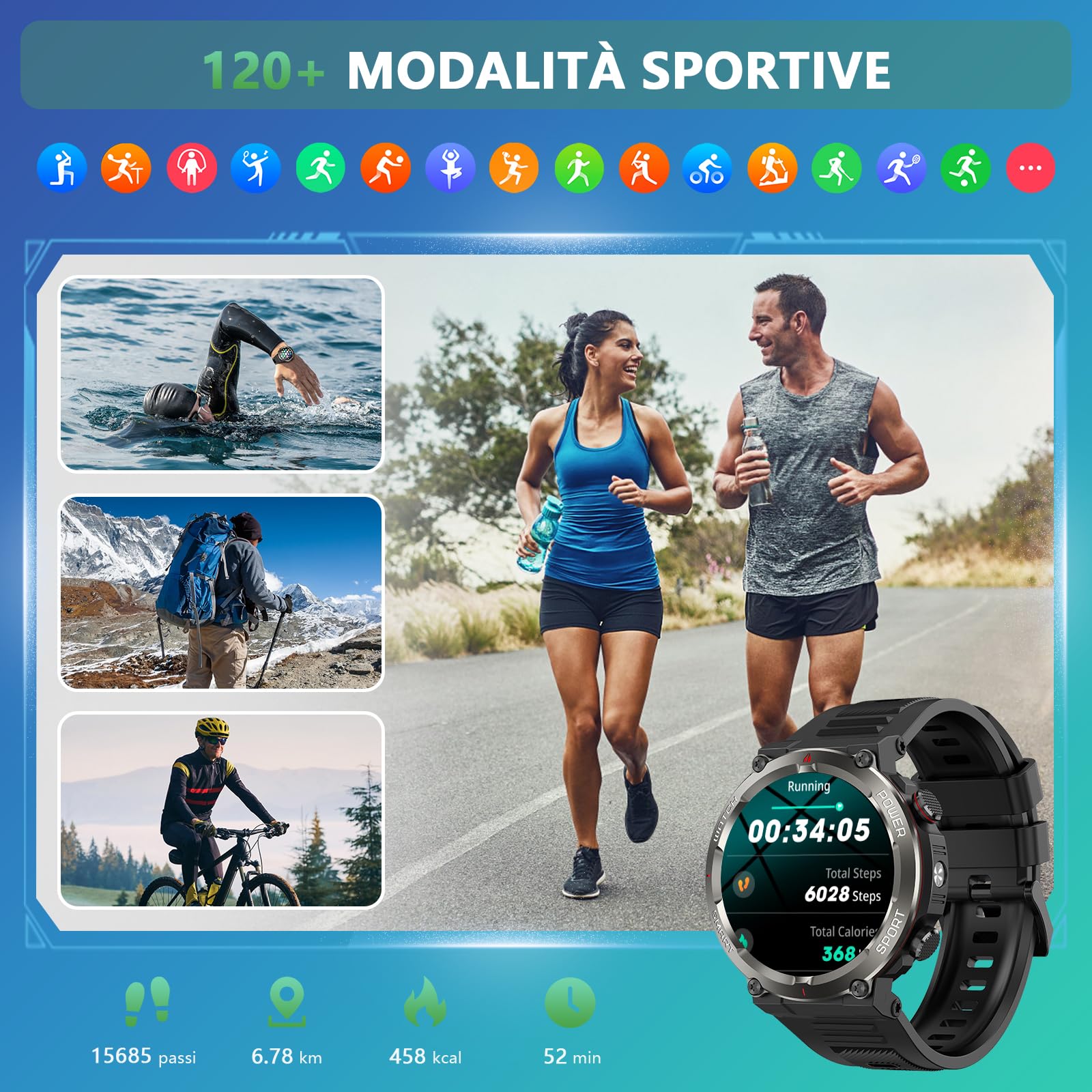 Smartwatch Uomo, 1.45" Orologio Smartwatch con Torcia/Bussola Orologio intelligente con Effettua/Risposta, 120+Modalità Sportive, 2 Cinturini, IP68 Impermeabile Smart Watch per Android iOS