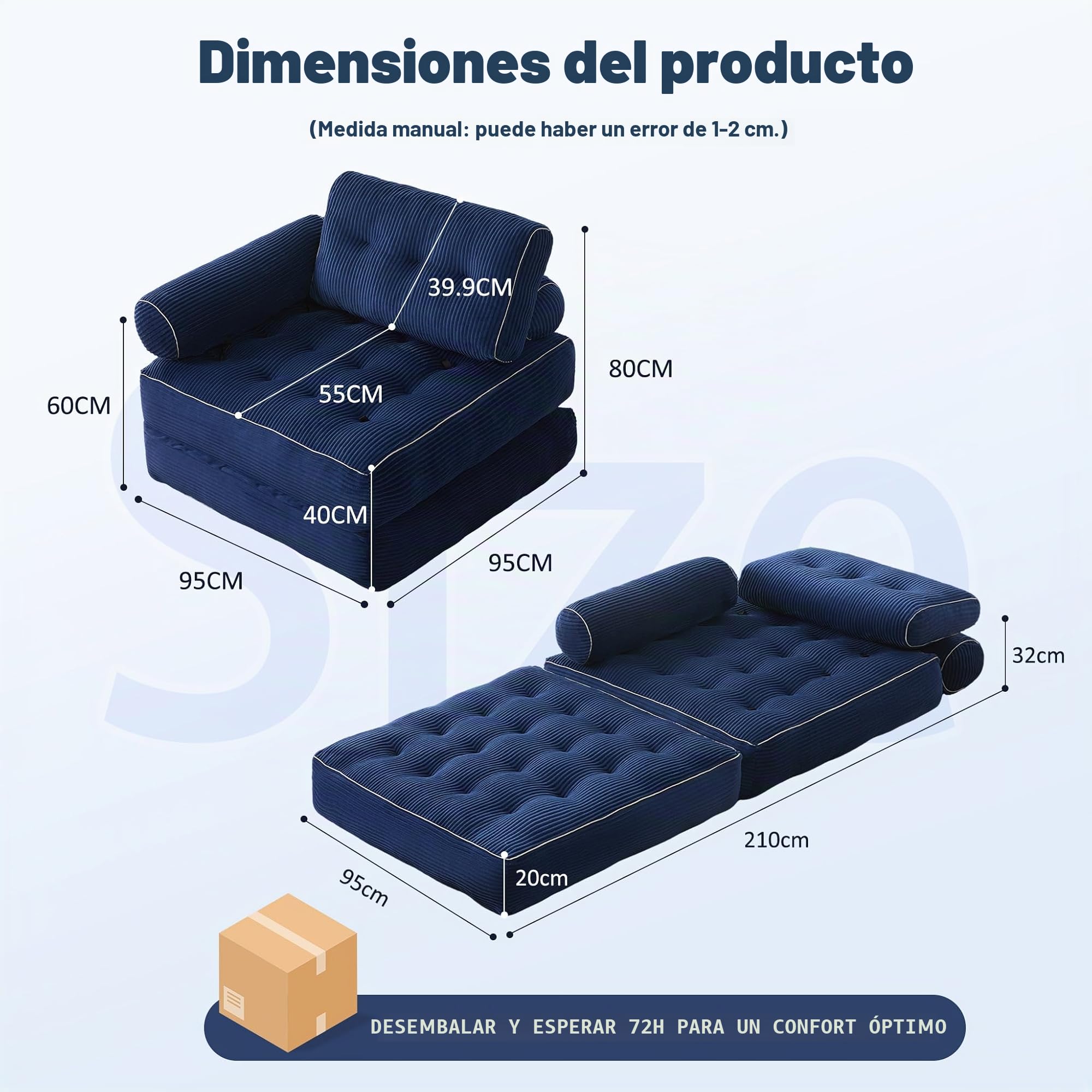 Sillón Cama Individual Plegable con Respaldo y Espuma viscoelástica, sofá de Suelo Tipo futón Convertible en colchón, Ideal para salón, Dormitorio u Oficina