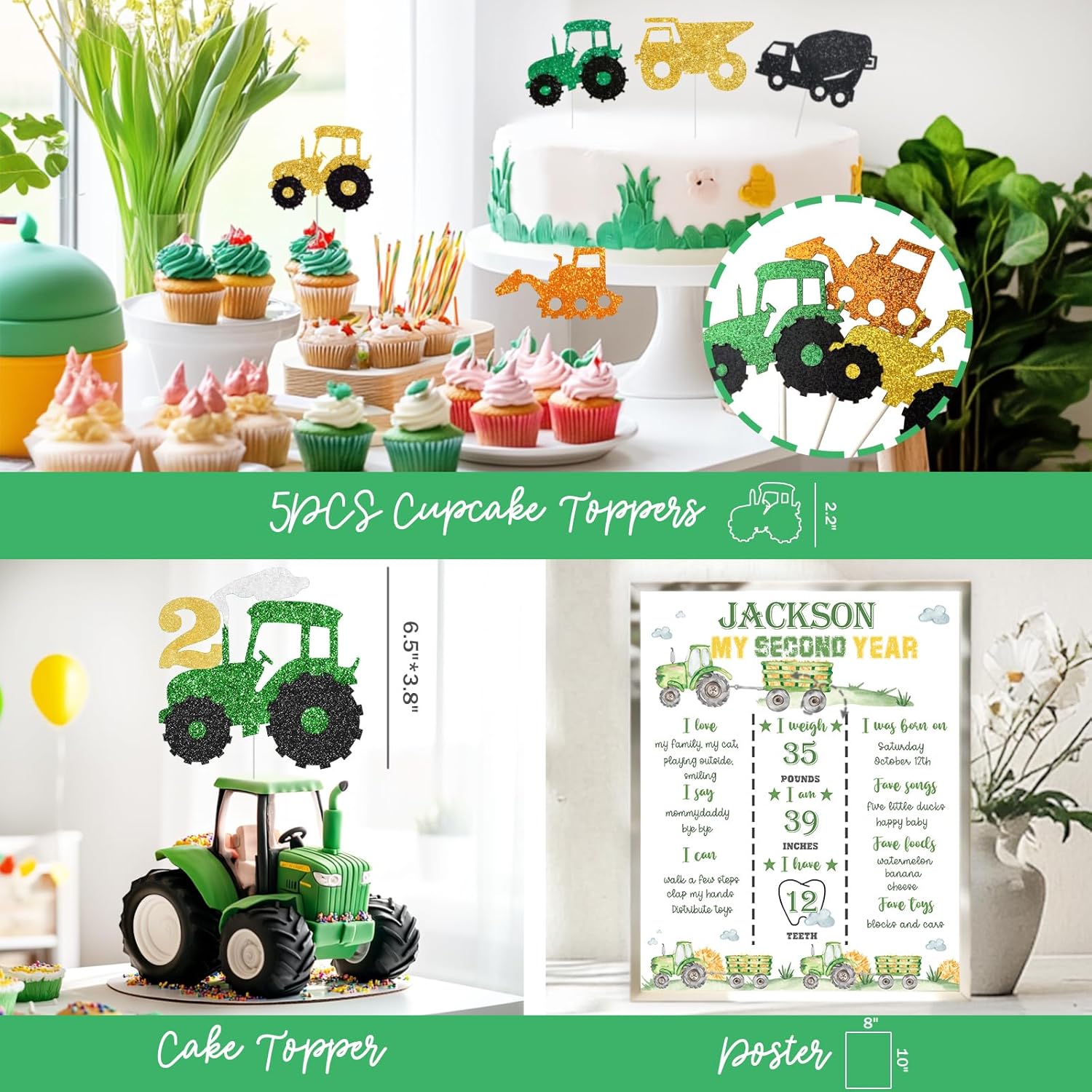 Tractor 2nd Birthday Decorations, Green Farm Tractor Second Party Decorations, Start Your Tractor and Put it in Gear Two Backdrop Balloon Tablecloth Green Yellow Brown for 2 Year Old Boy