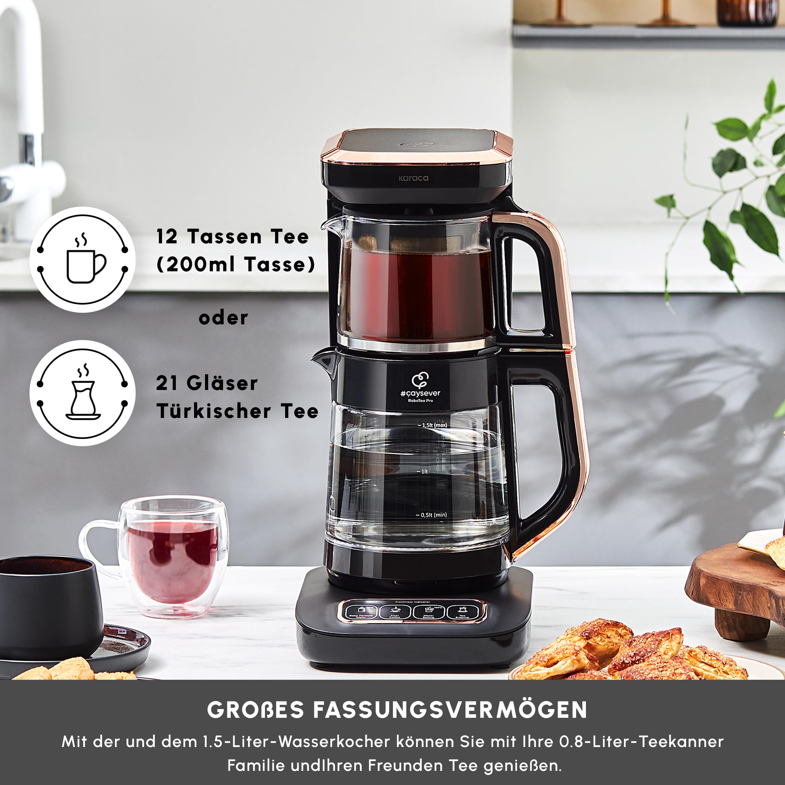 KARACA Çaysever Robotea Pro 4 in 1 Sprechender Automatischer Glas Teekocher, 2500W, 2,3L Kapazität, Frischeanzeige, Babynahrungswasserfunktion, Tee & Kaffee Zubereitung, Sicherheitsfunktionen