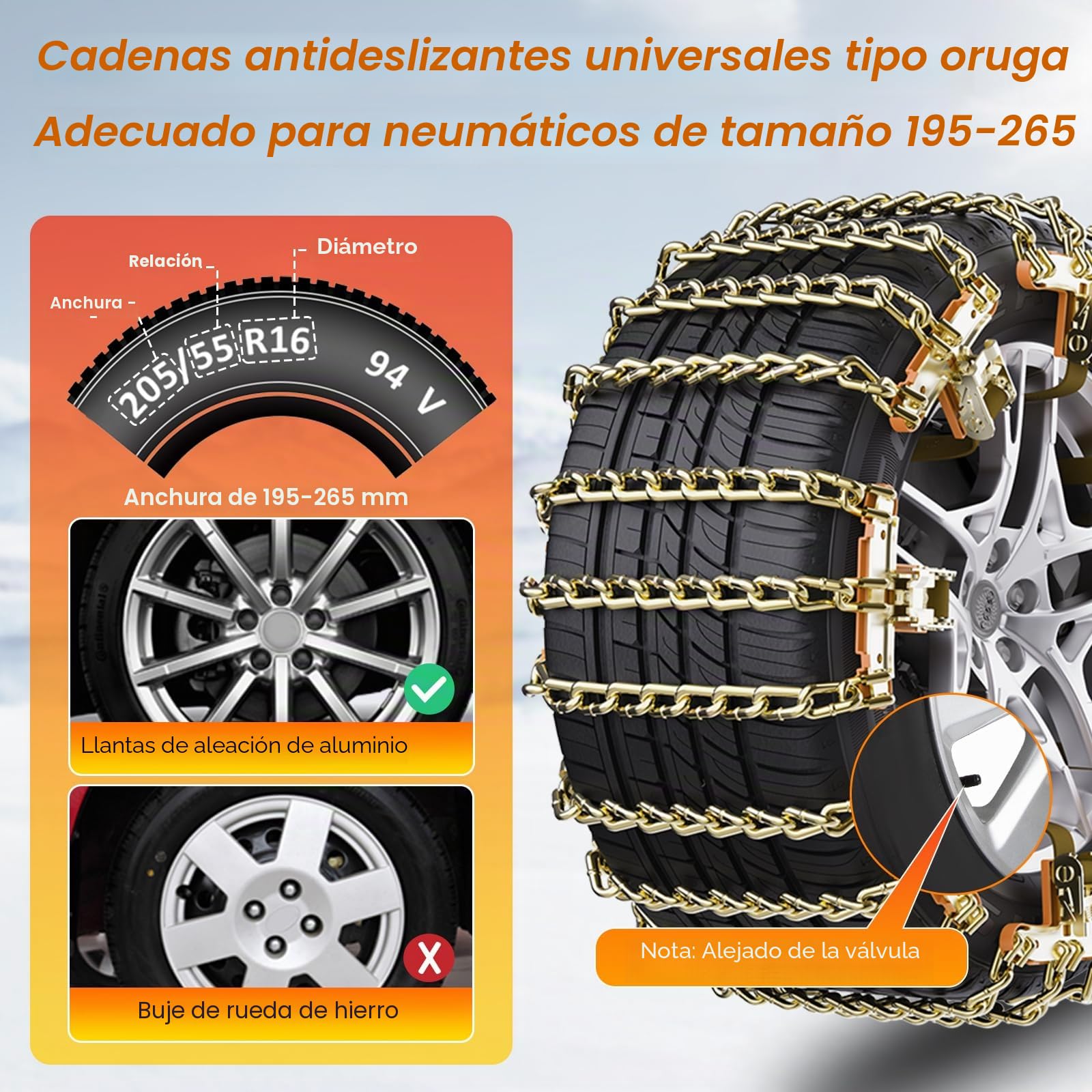 Paquete de 6 cadenas de nieve para automóviles y furgonetas, cadenas de hierro de 3 eslabones para neumáticos de 195 a 265 mm, cadenas de nieve antideslizantes resistentes para nieve y barro de