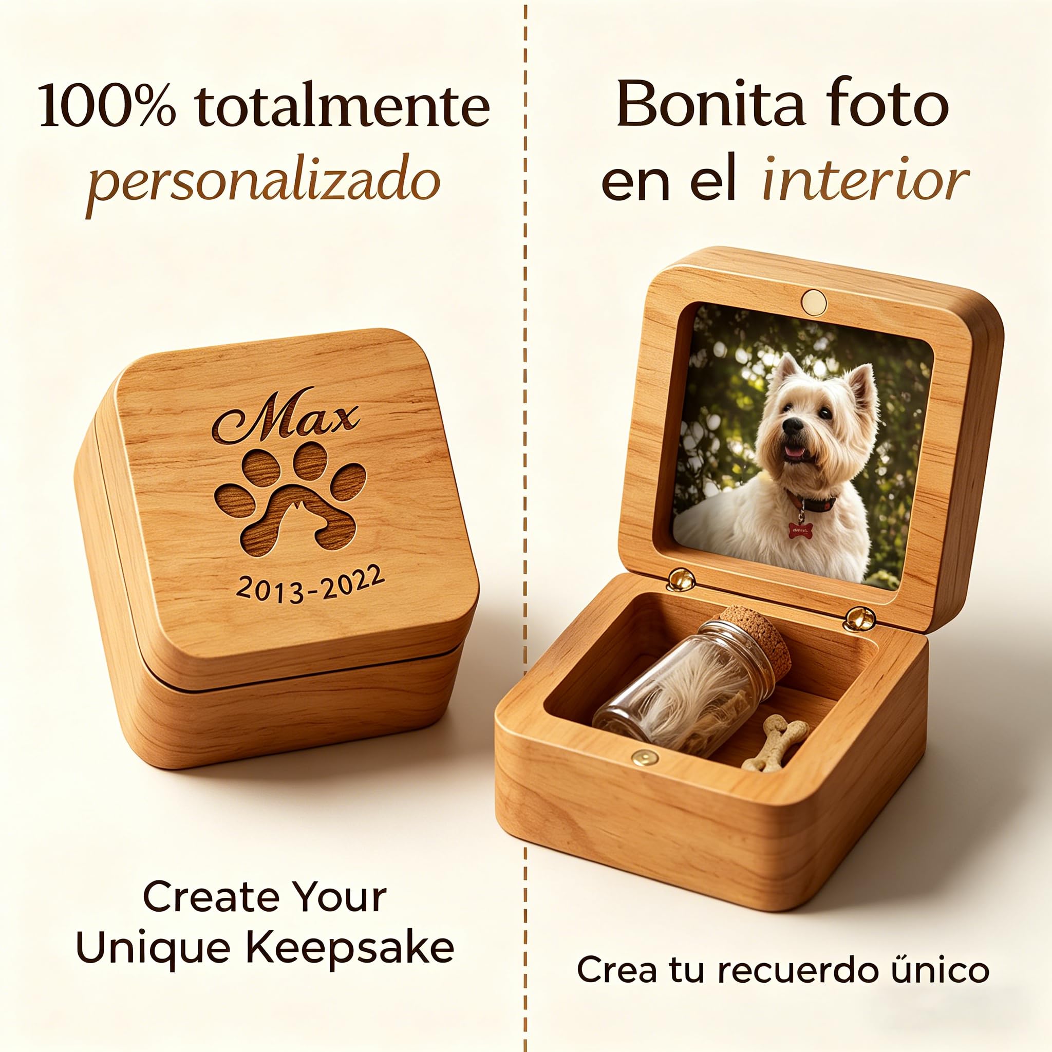 VEELU Regalo Conmemorativo Perro Gato Personalizado - Caja de Recuerdos con Foto y Nombre, Pequeña Urna de Madera para Cenizas y Pelo con 4 Frascos de Vidrio, Regalo por la Pérdida de una Mascota