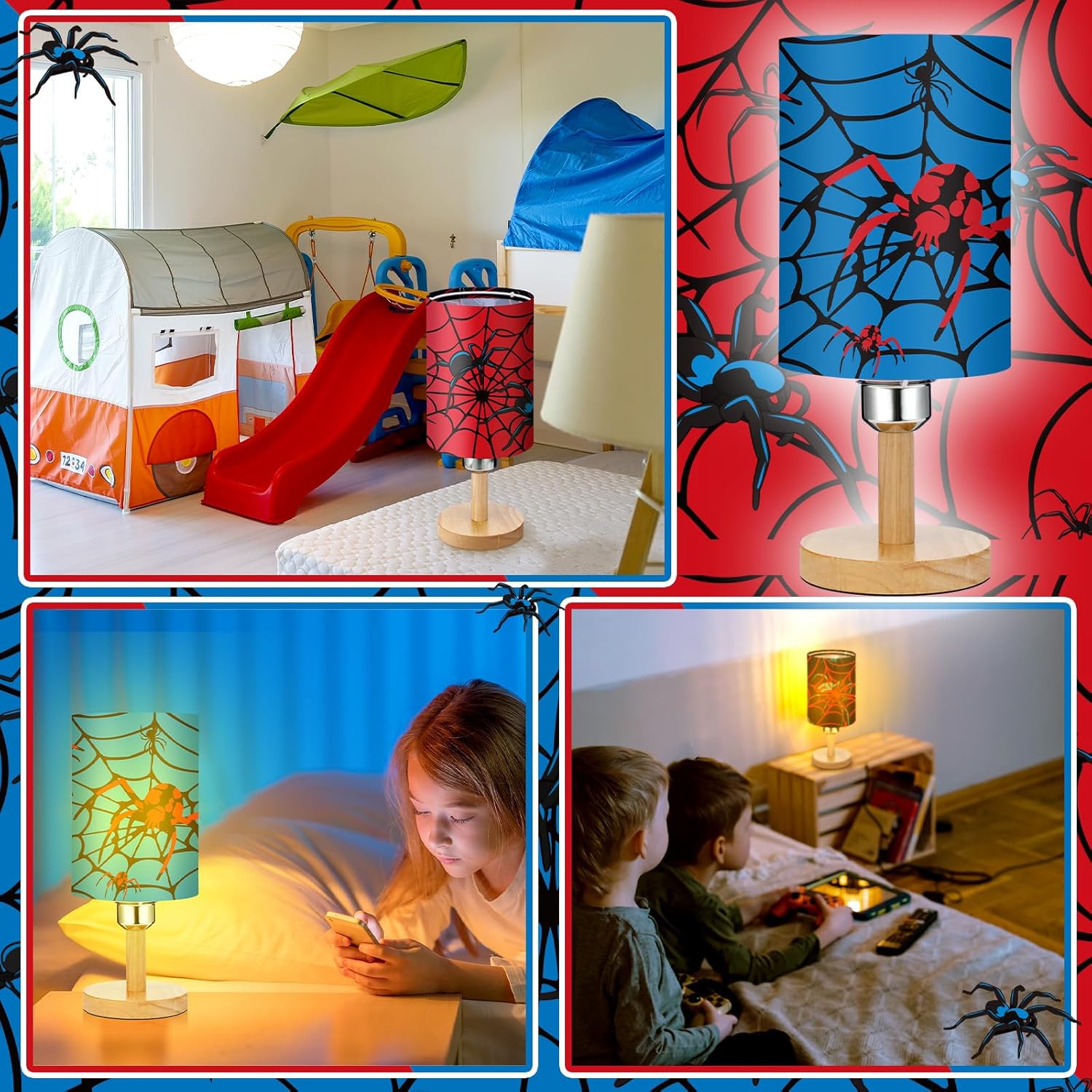 Tujoe 3 Pcs Interchangeable Spider Bedside Table Lamp Fabric Nightstand Table Lamp for Kids Room Desk Reading Bedroom Night Stand Decor Children's Birthday Christmas Gifts for Girls and Boys