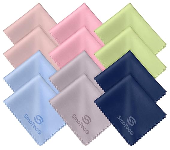 SmoTecQ 12 Pack Assorted Colors Microfiber Cleaning Cloths - Safe and Effective Cleans Lenses, Glasses, Screens, Cameras, Eyeglasses, Cell Phone, LCD TV Screens and More (6X7)