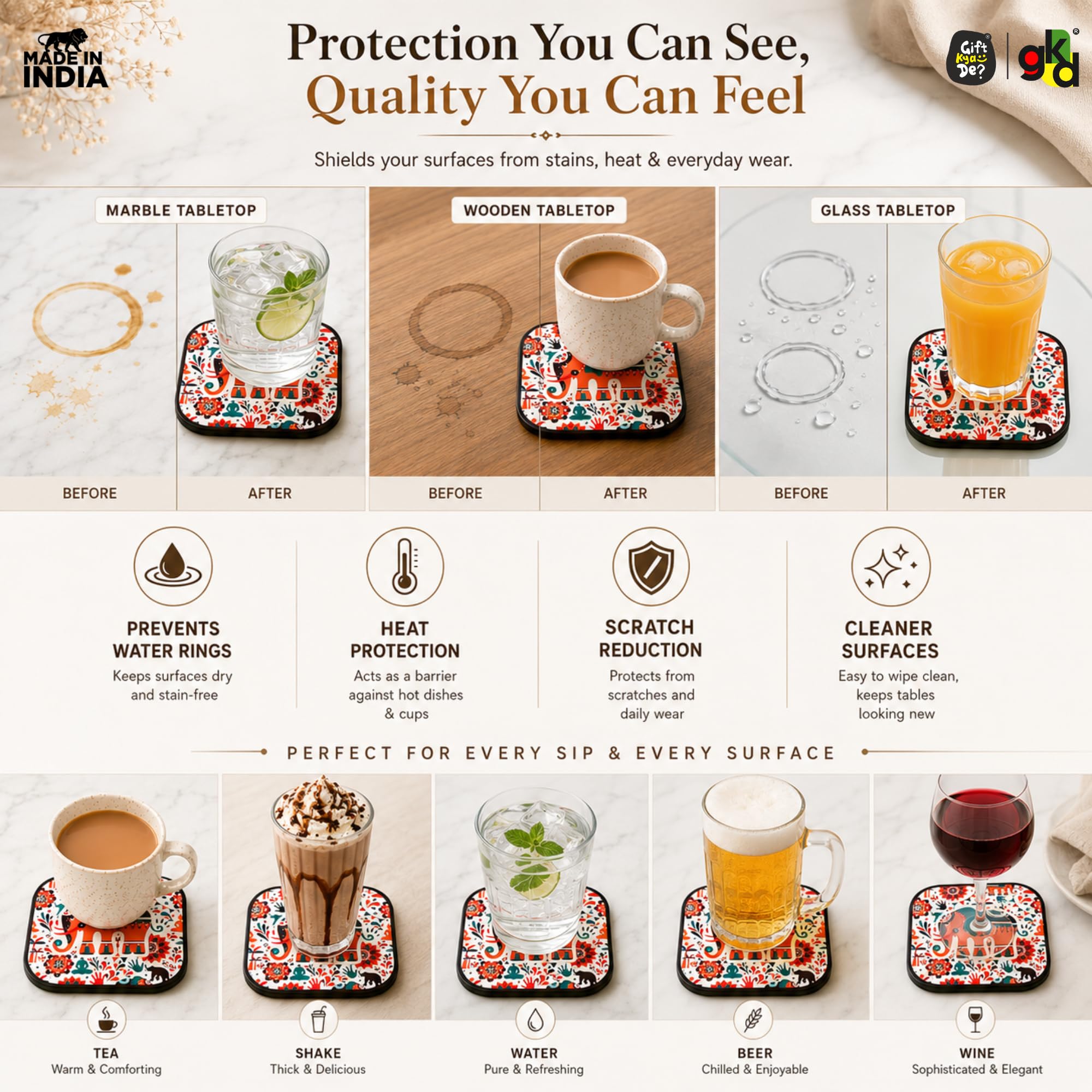 GKD - Juego de 6 posavasos de madera con diseño vibrante de la India para servir tazas de té, tazas de café y vasos (9,7 x 9,7 cm) (cuadrados) (ecológico)