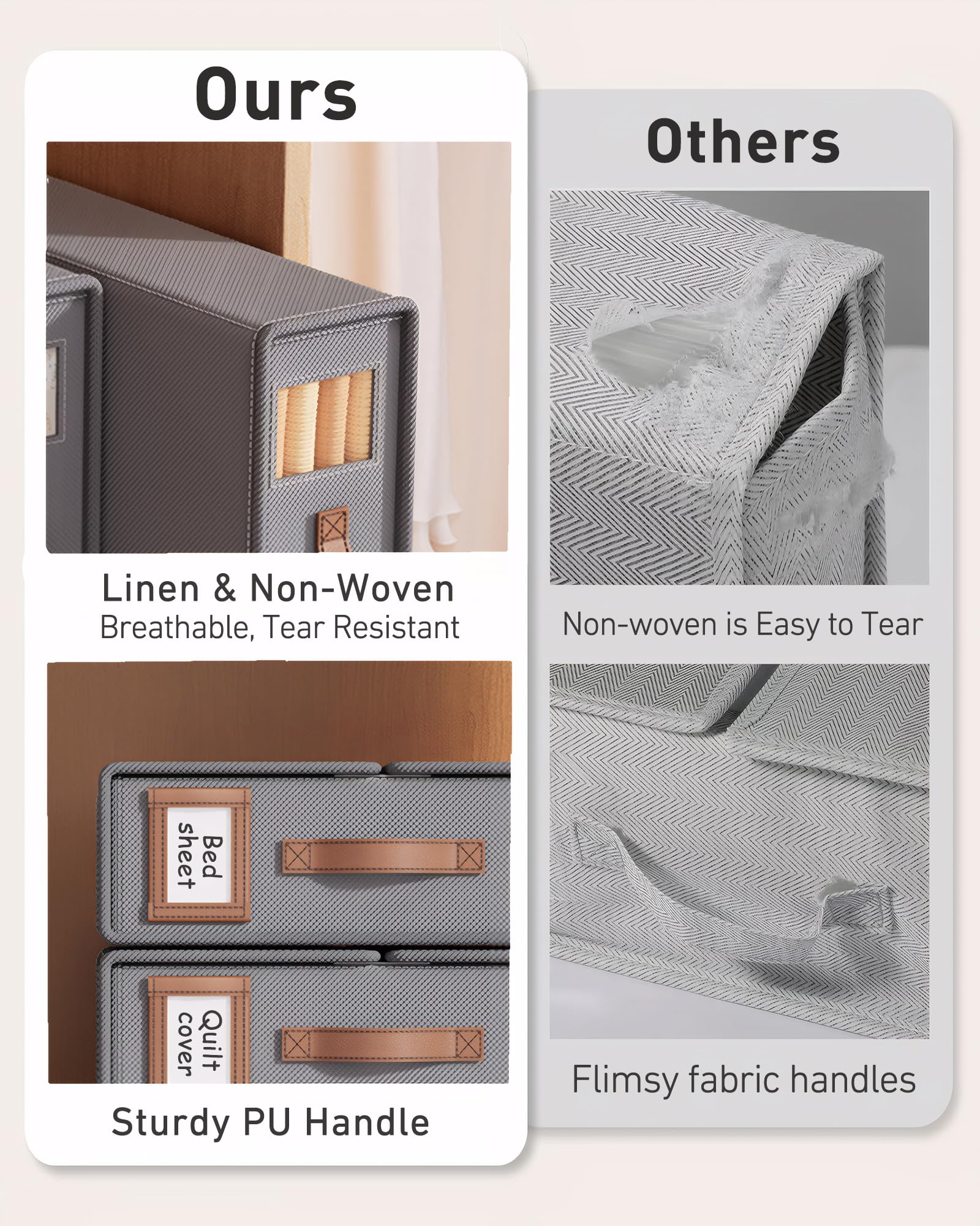 Lino Caja Organizador Sabanas Armario, 3 Organizador de Ropa de Cama Plegable con ventana y asas para guardar debajo de la cama, en el armario para organizar sábanas, ropa y mantas, Beige