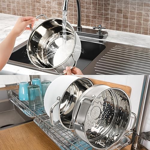 Miniatura 7 de Olla de vapor de 2 niveles con tapa, vaporizador de alimentos de acero inoxidable de 4 cuartos de galón para cocinar, multiusos para verduras,