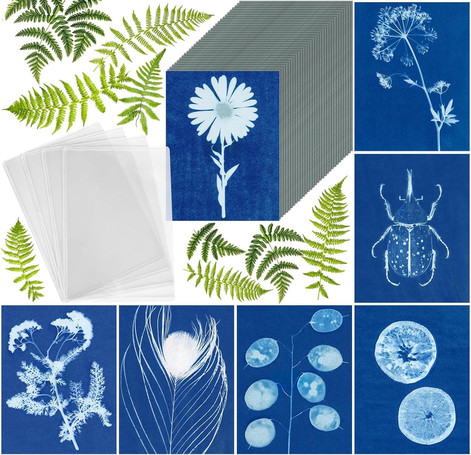 100 Sheet Sun Print Paper Kit, A5 Cyanotype Paper with 4 Sheet Acrylic Panel