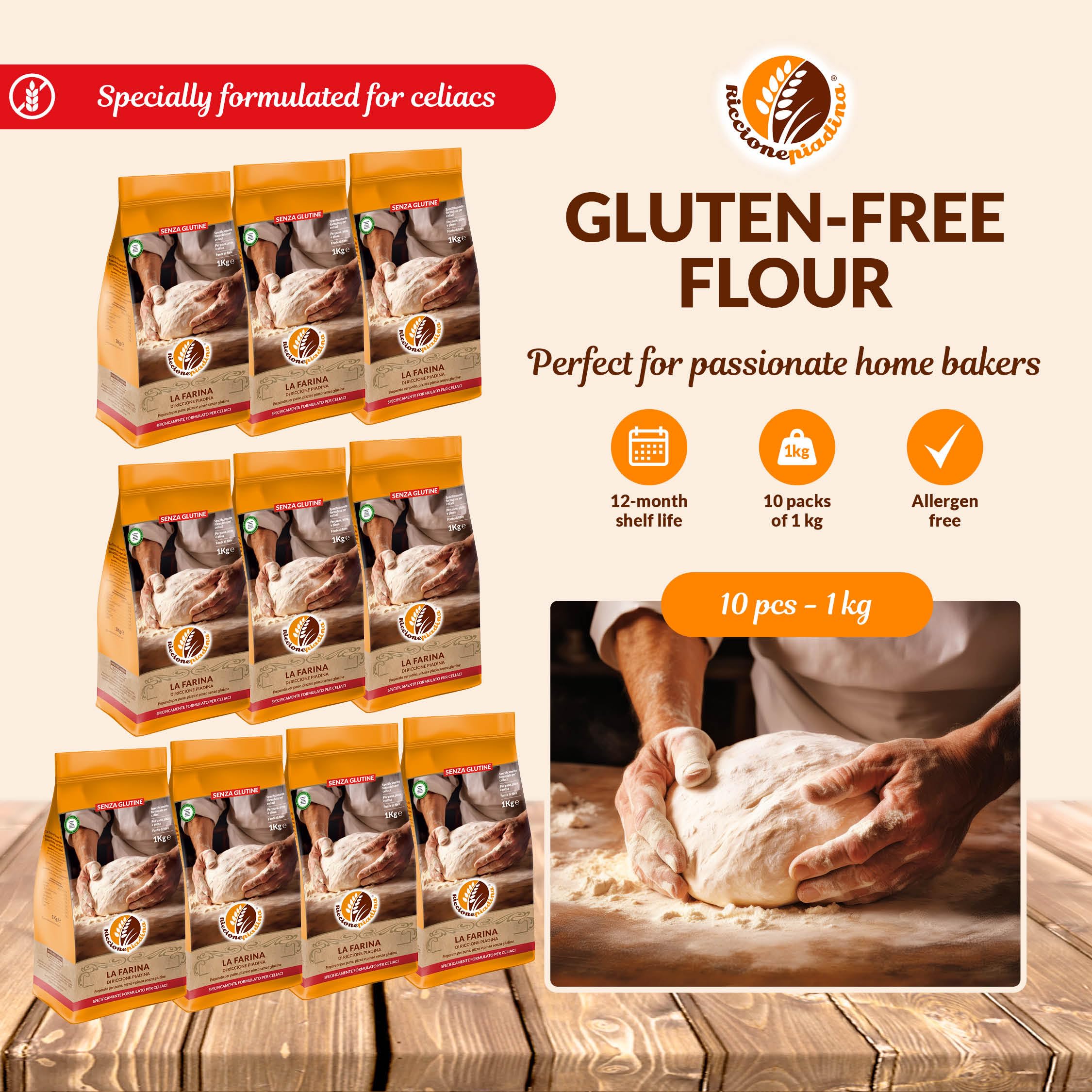 Riccione Piadina Harina sin gluten, 10 paquetes de 1 kg - Preparado para pan, pizza y pinsa - Mezcla universal para productos de panadería, fuente de fibra, sin almidón desglutinado, formulada para ce