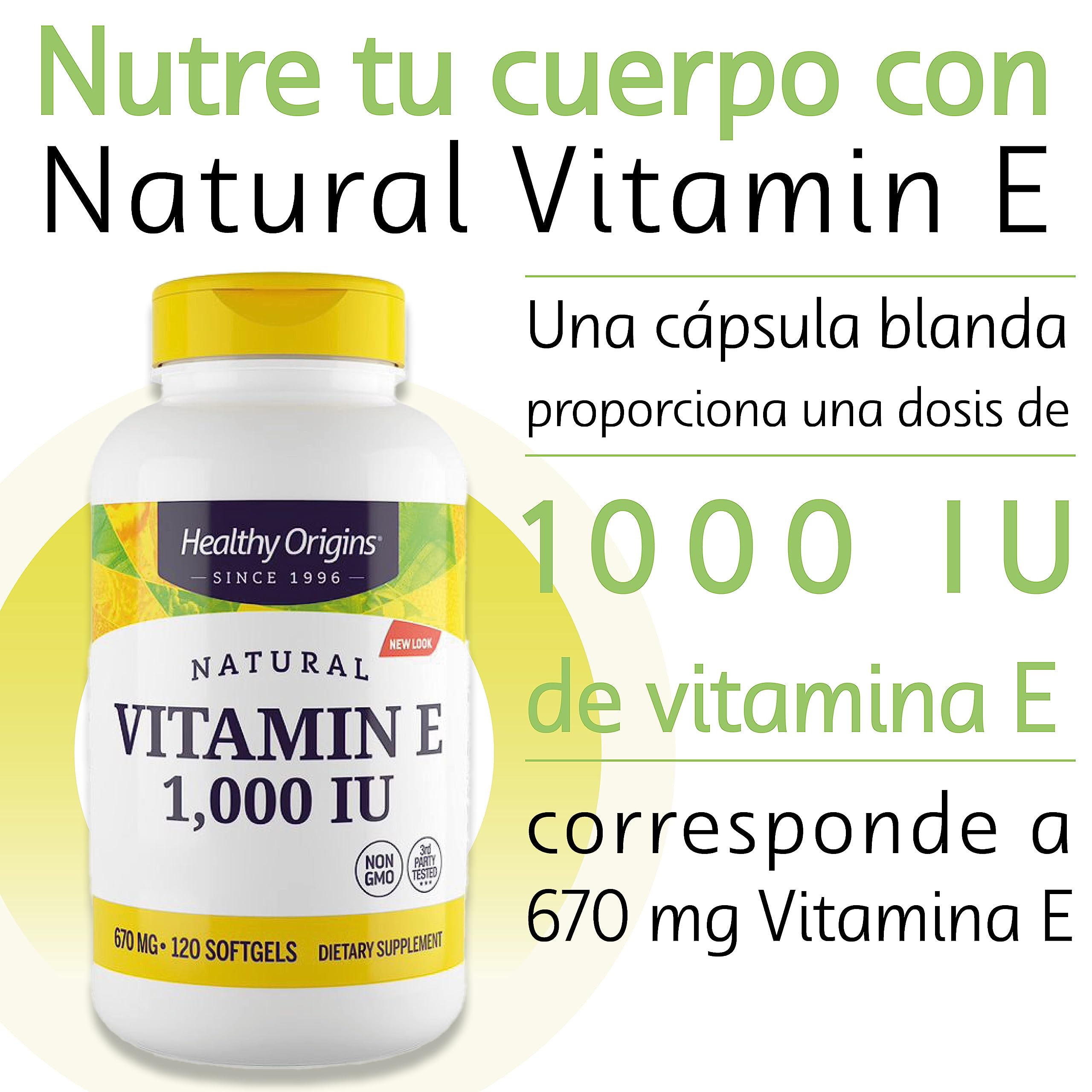 Healthy Origins, Natural Vitamin E, 1.000UI, 120 Cápsulas blandas, Probadas en Laboratorio, Sin Gluten, No GMO