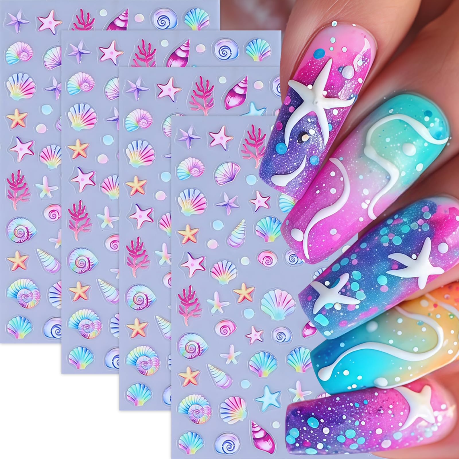 4 Sheets Summer Nail Stickers 5D Beach Shell Nail Decals Embossed Ocean Nail Art Stickers Seashell Starfish Seaweed Conch Nails Design Summer Sea