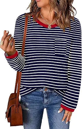 ONLYSHE Women's Casual Striped Long Sleeve Tops Crew Neck Knit Basic Loose Fit T Shirts Fall Fashion Tunic Outfits