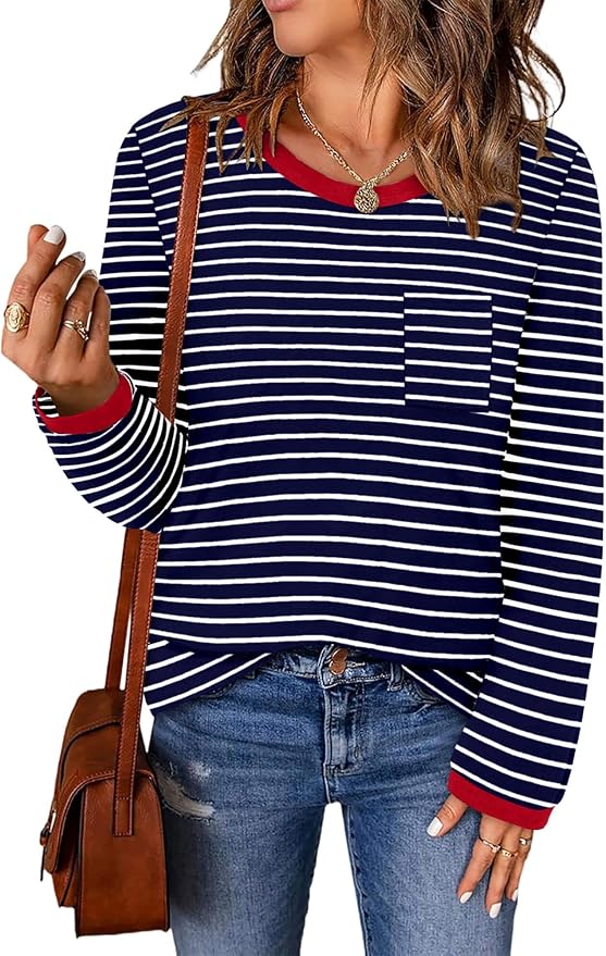 ONLYSHE Women's Casual Striped Long Sleeve Tops Crew Neck Knit Basic Loose Fit T Shirts Fall Fashion Tunic Outfits