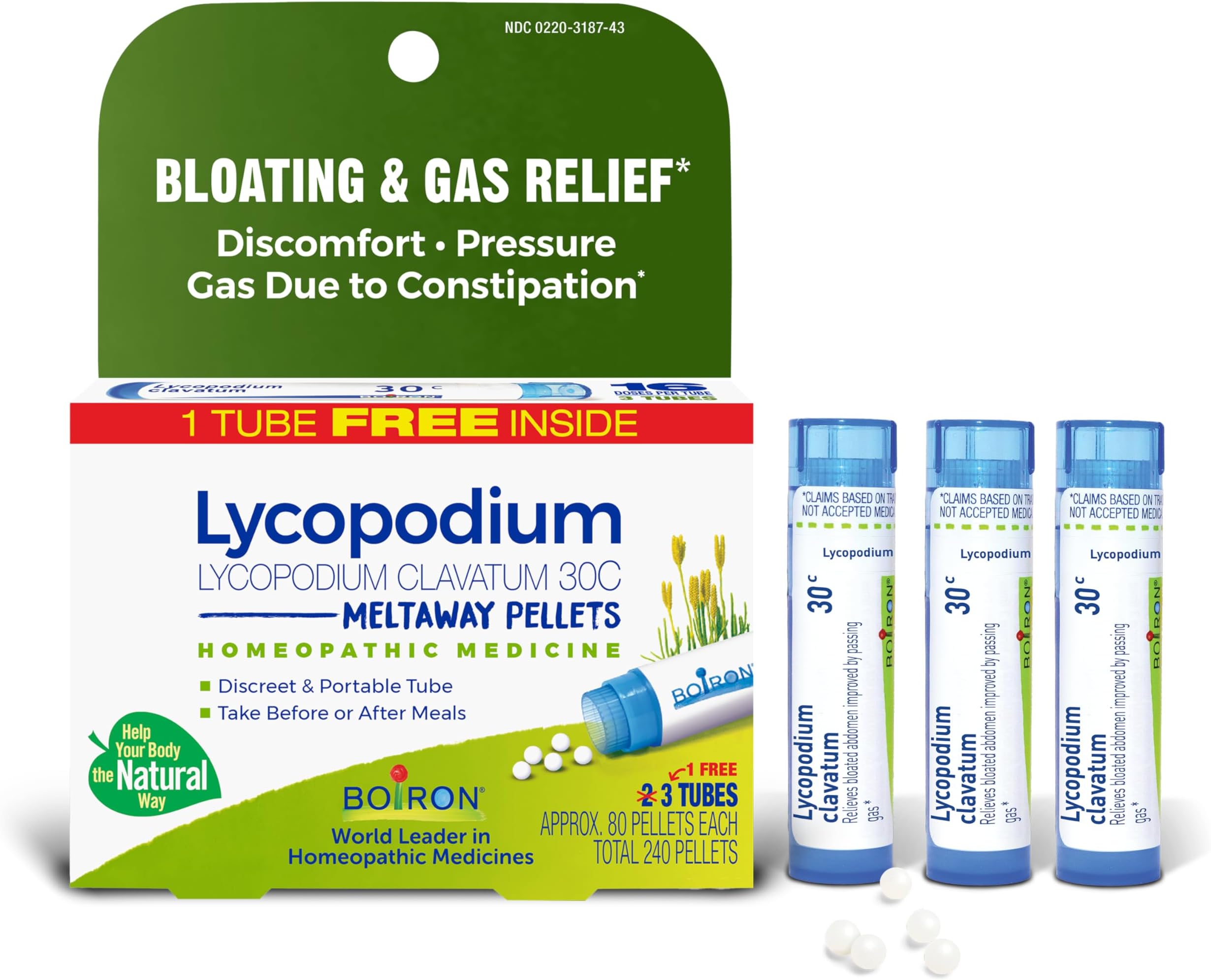 Lycopodium Clavatum 30C Homeopathic Medicine for Relief from Bloating, Gas Relief, and Stomach Pressure or Discomfort - 3 Count (240 Pellets)