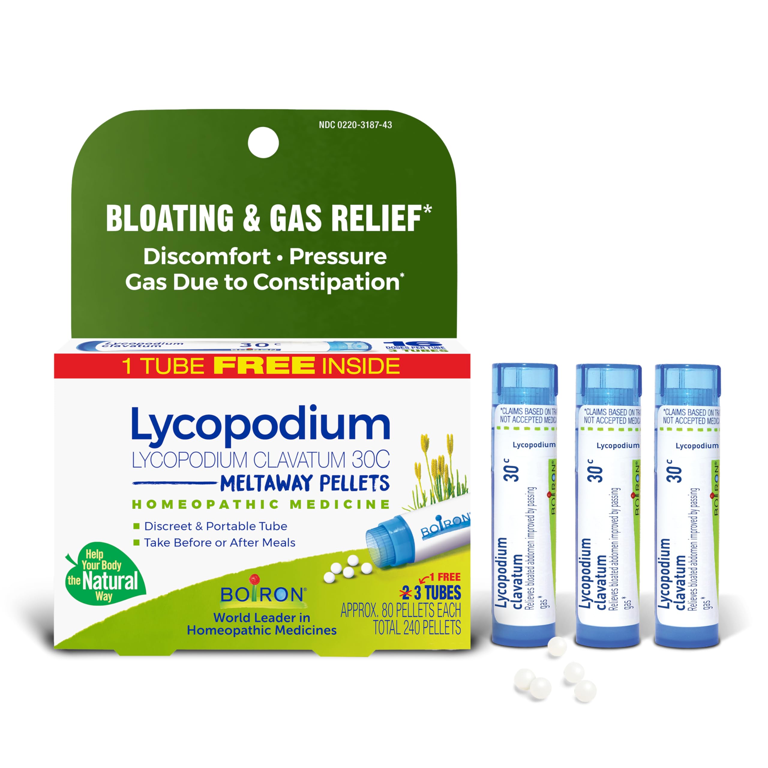 Boiron Lycopodium Clavatum 30C Homeopathic Medicine for Relief from Bloating, Gas Relief, and Stomach Pressure or Discomfort - 3 Count (240 Pellets)