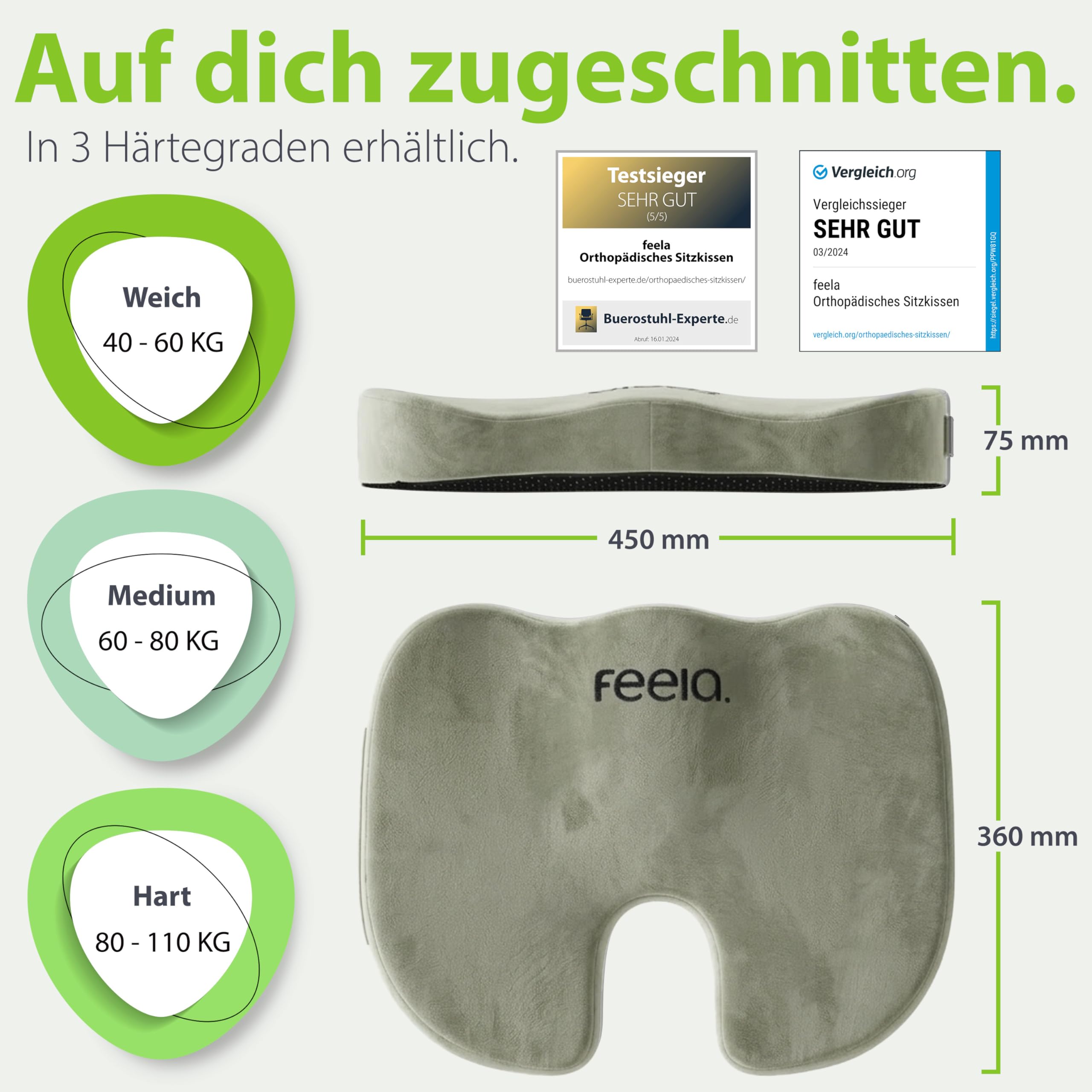 Orthopedisch Autostoelkussen Feela.® , 3 Hardheidsgraden, Werkt Pijnverminderend, Verhoogt Zitcomfort, Bevordert De Doorbloeding En Ontlast Het Stuitbeen, Zitkussen Auto, Zitverhoging Auto (hard Autostoelkussen Geheugenschuim