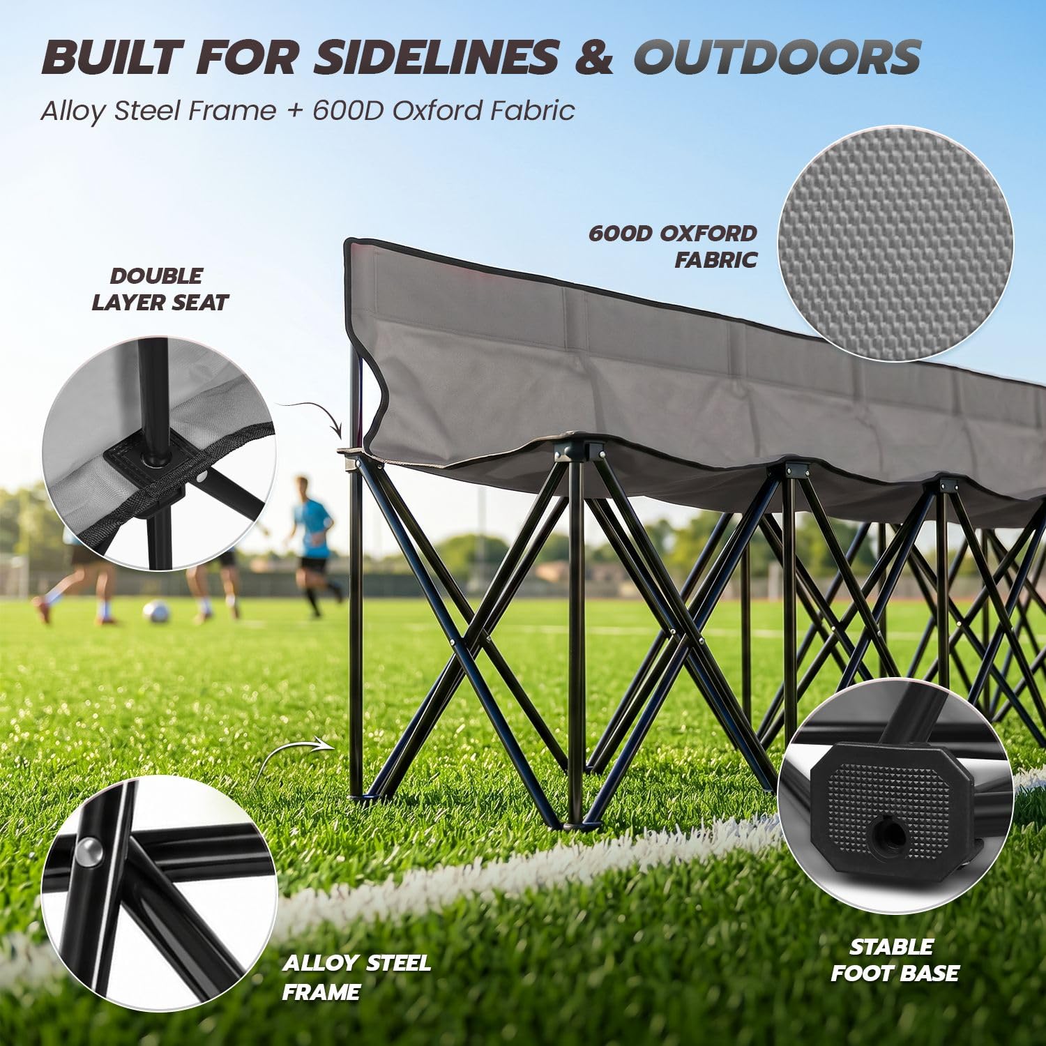 Flexzion Panca pieghevole portatile, 6 posti, panca da calcio pieghevole, panca portatile per Bleacher, campeggio, con schienale e borsa per il trasporto, grigio