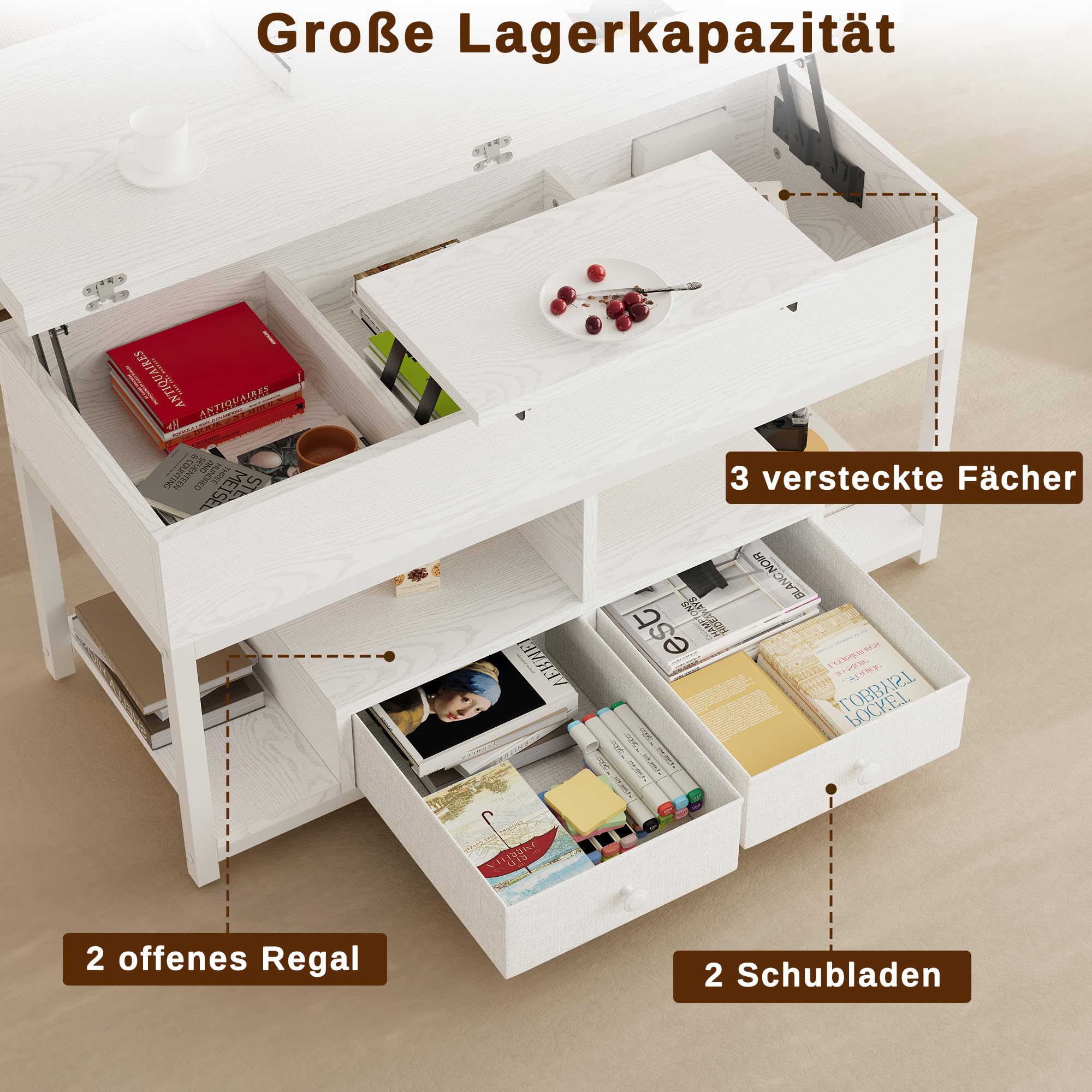IRONCK Couchtisch Höhenverstellbar, LED Wohnzimmertisch mit Steckdosen