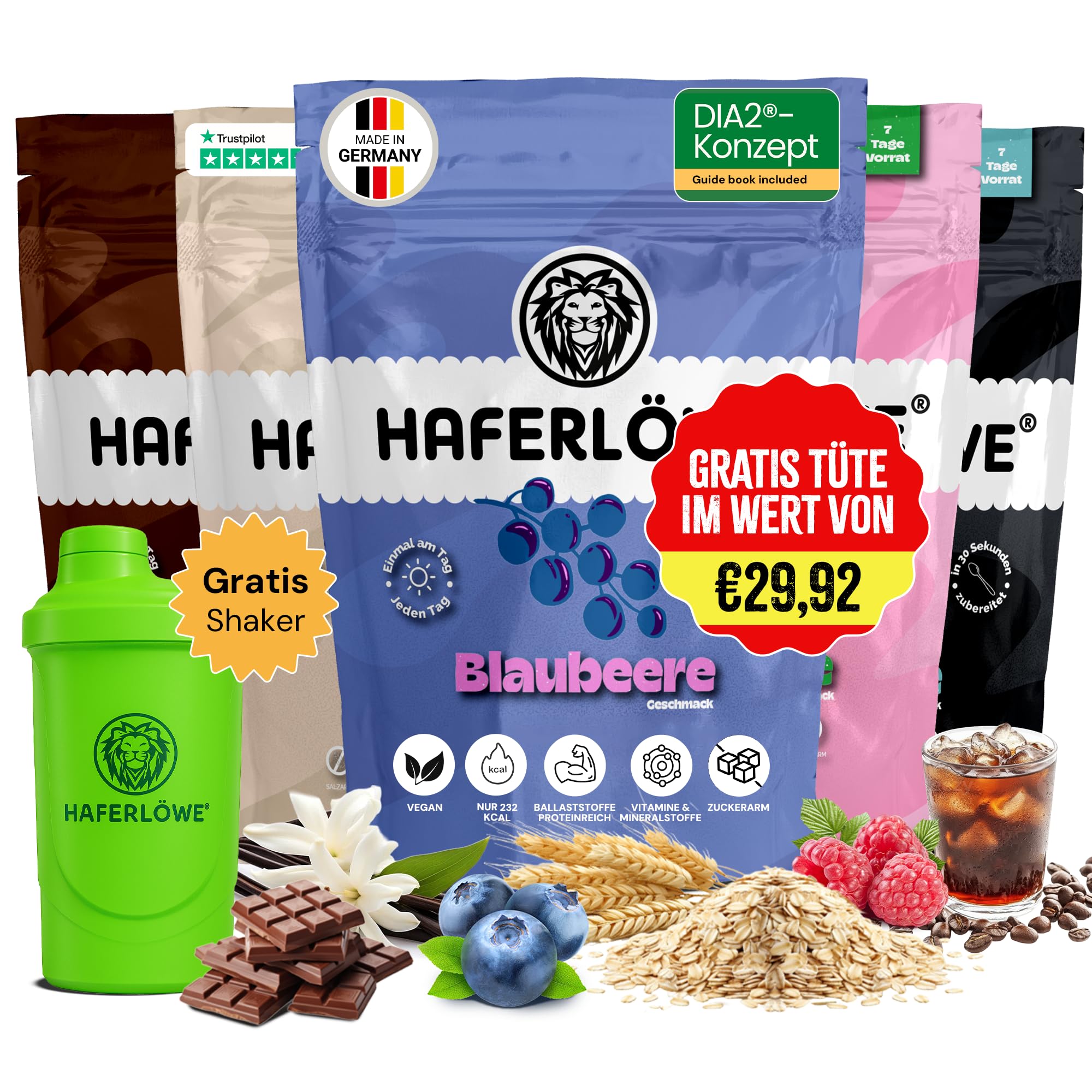 Haferlöwe Haferkur 35 Tage Starter Set | Leckere Hafertage in 5 Geschmacksrichtungen inkl. Gratis Shaker und Leitfaden | Protein Shake | Leckerer Diät Hafershake | DIA2® Ernährung