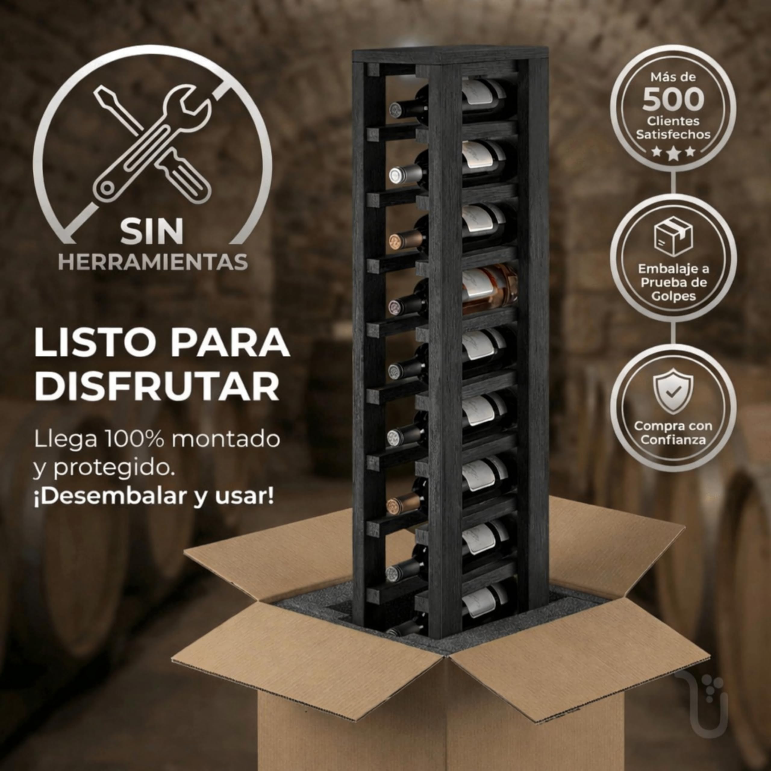 Botellero Vino de Madera Vertical 10 Botellas Pino Negro 105x13x32 cm
