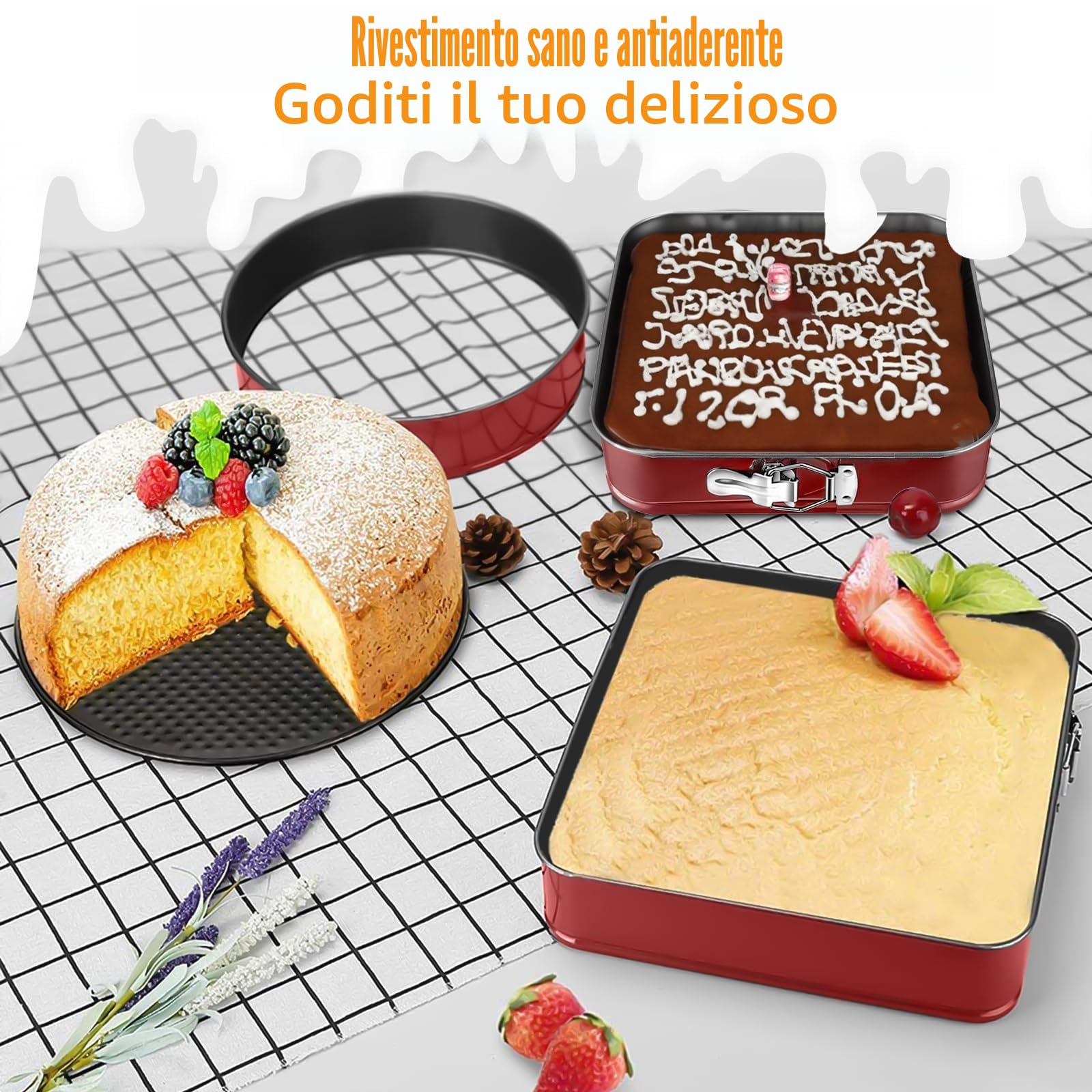 FAMKEEP Tortiera Rimovibile,Teglia da Forno Rotonda 4 Pezzi Stampi per Dolci, Quadrate, Springform (16/20/22/26cm) Rivestimento Antiaderente Cake Pan Ideali per cheesecakes