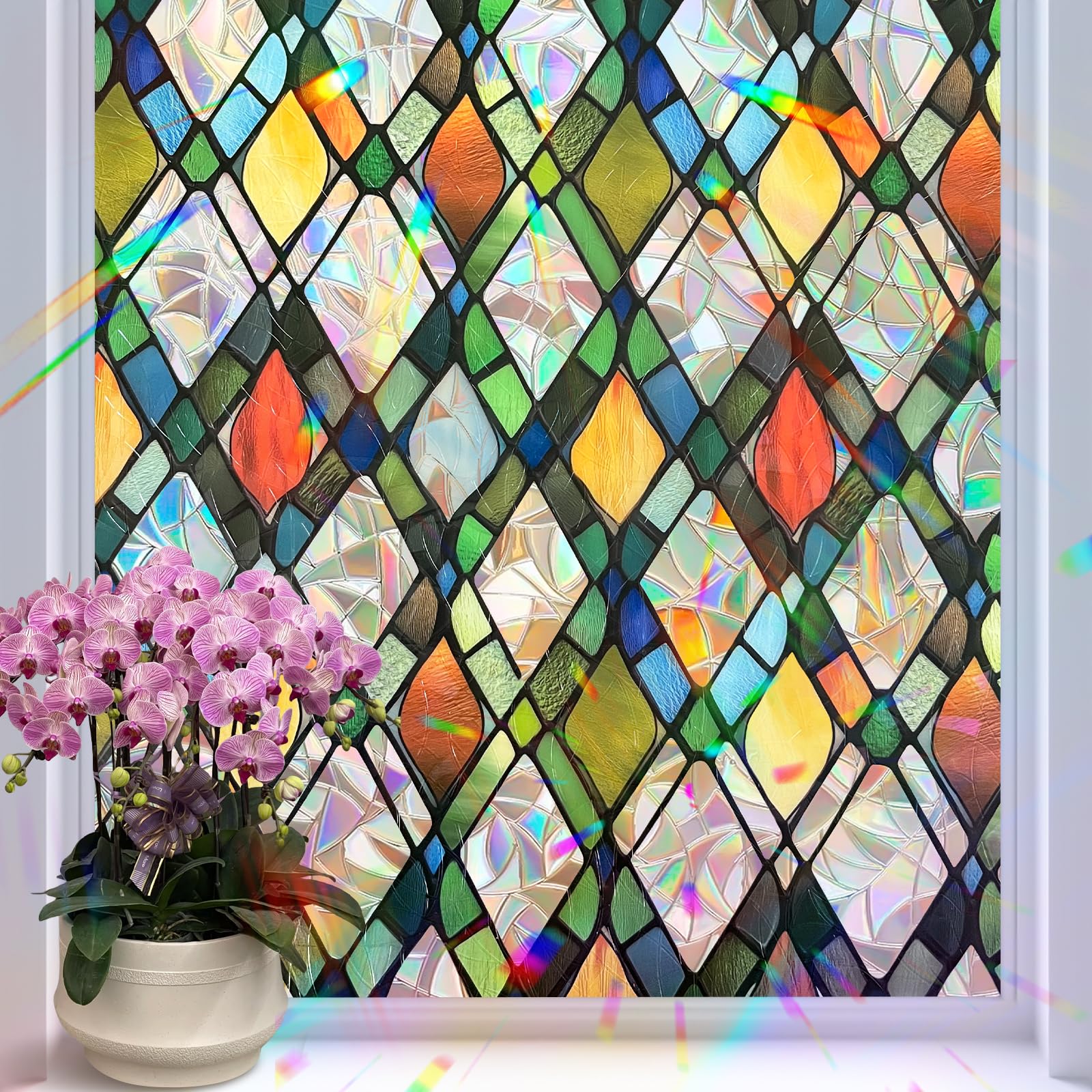 Sevenpers Rainbow Window Film Privacy Stained Glass Window Film 119.5x200cm, UV Blocking Static Cling No residue Ideal for Living Room, Bedroom, Study, and Office