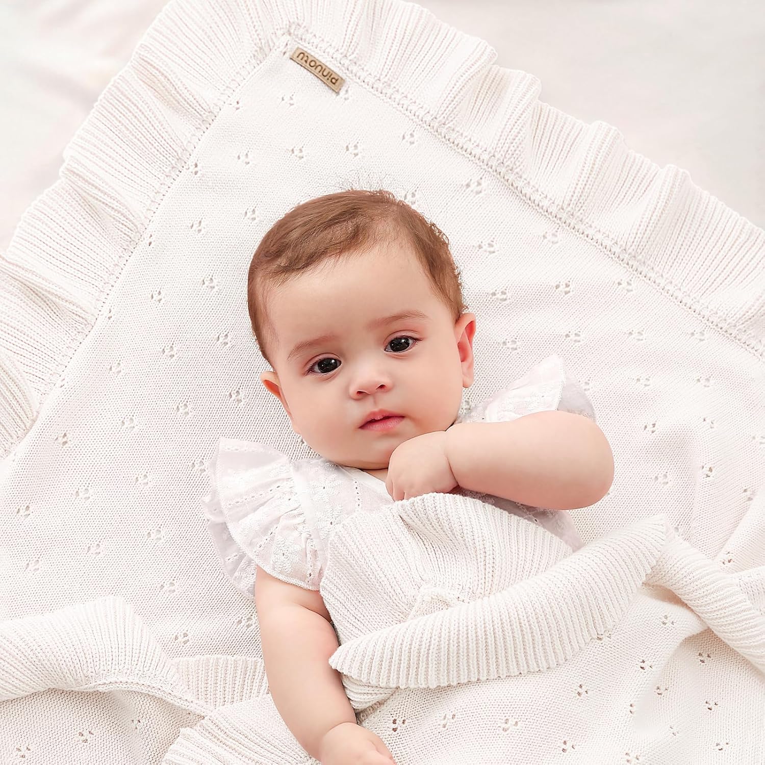 Cotton Pointelle Knitted Baby Blanket with Ruffle Trim, 40x31 Inches, Soft & Cozy for Newborns & Toddlers, Ideal for Swaddling, Crib & Stroller, Elegant Gift Box for All Seasons(White) - Image 2