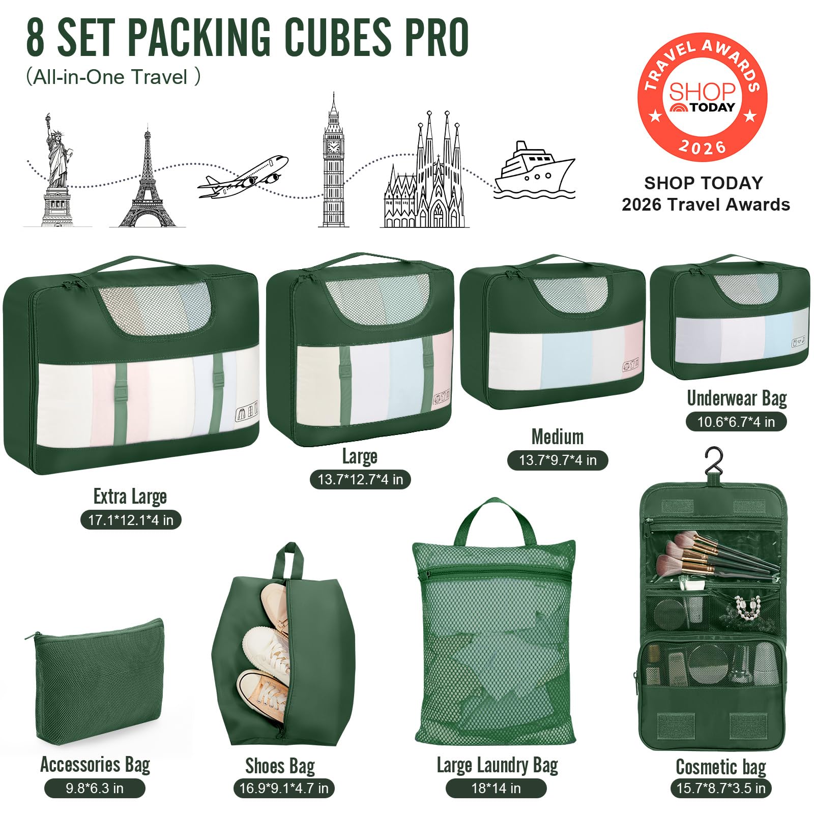 Veken 8 Set Packing Cubes for Travel Essentials,Anti-Wrinkle Buckled Suitcase Organizer for Shoe & Toiletry Bag,Carry On Luggage Bag with 99+ Count Mesh Holes for Airplane & College Dorm Accessories view 2