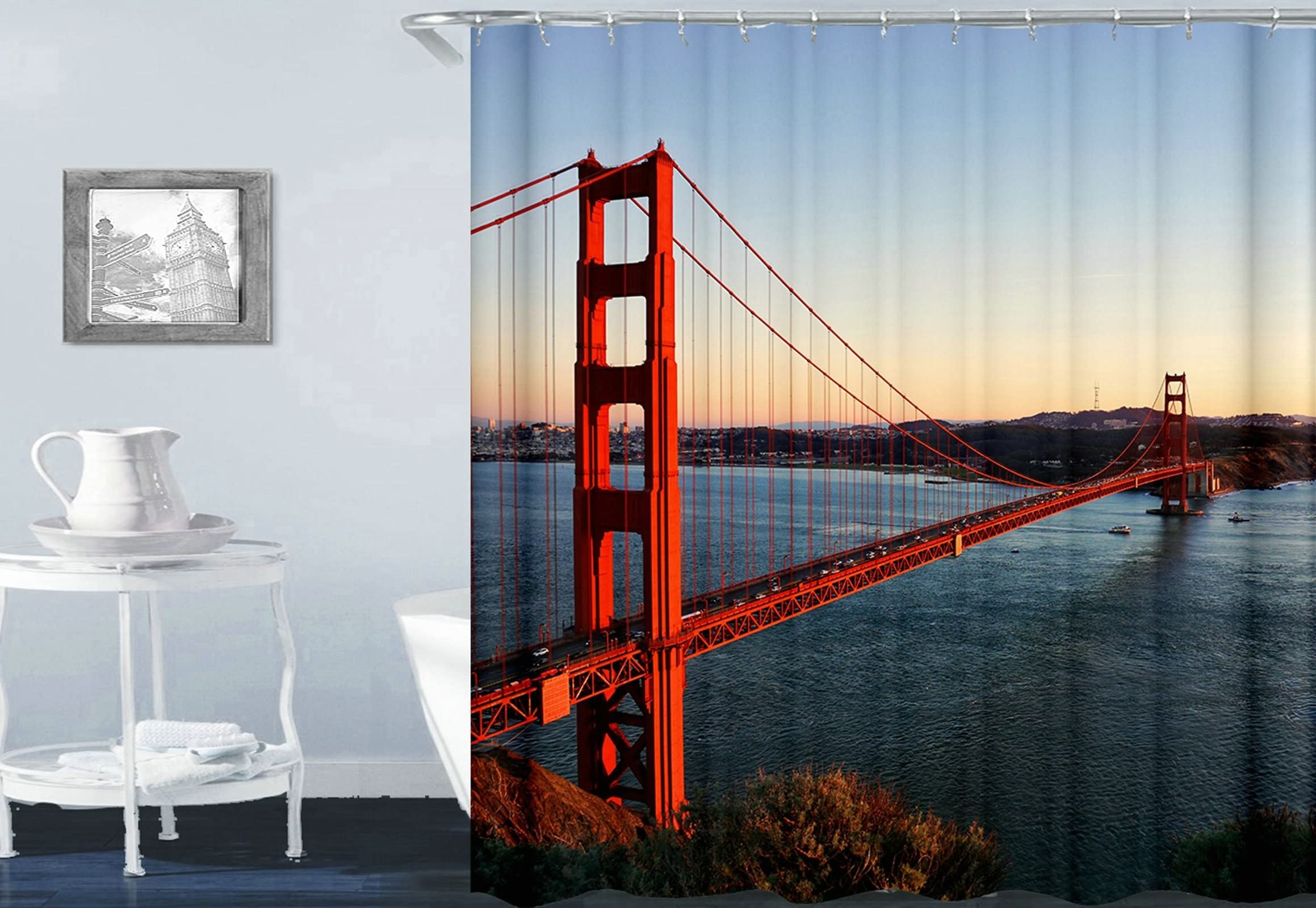 Rideau de douche 180x200cm bleu paysage de pont rouge en polyester imperméable